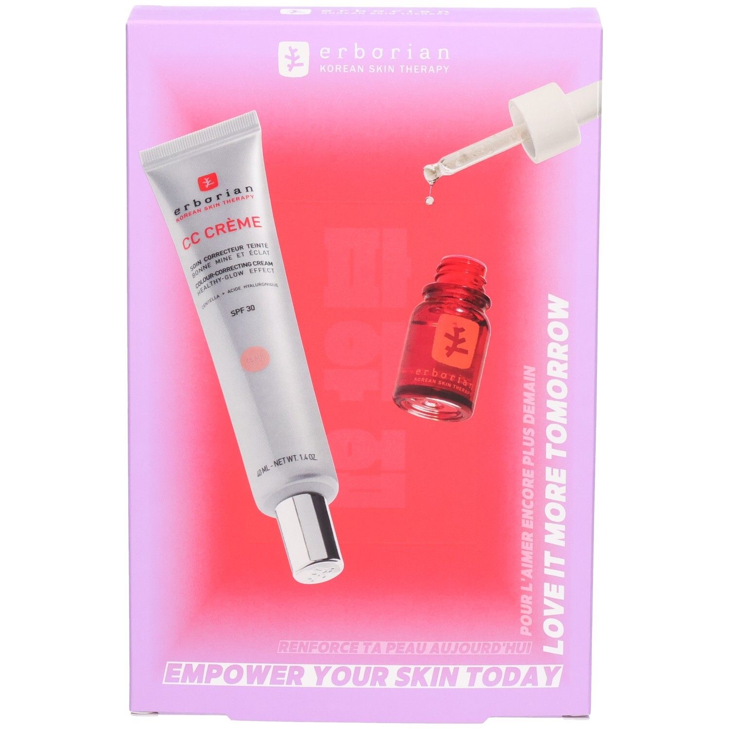Erborian CC Creme und Nachtöl Set. Enthält eine Tube CC Creme und ein Fläschchen mit Pipette.