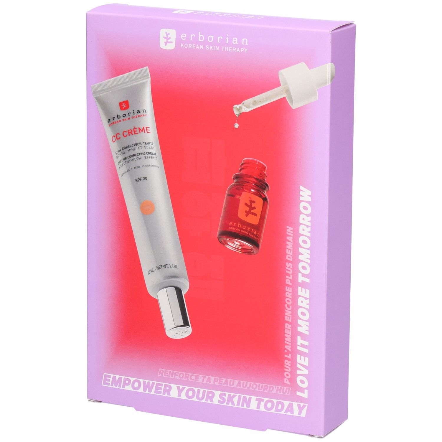 Erborian CC Creme und Skin Therapy Set in lilafarbener Verpackung.