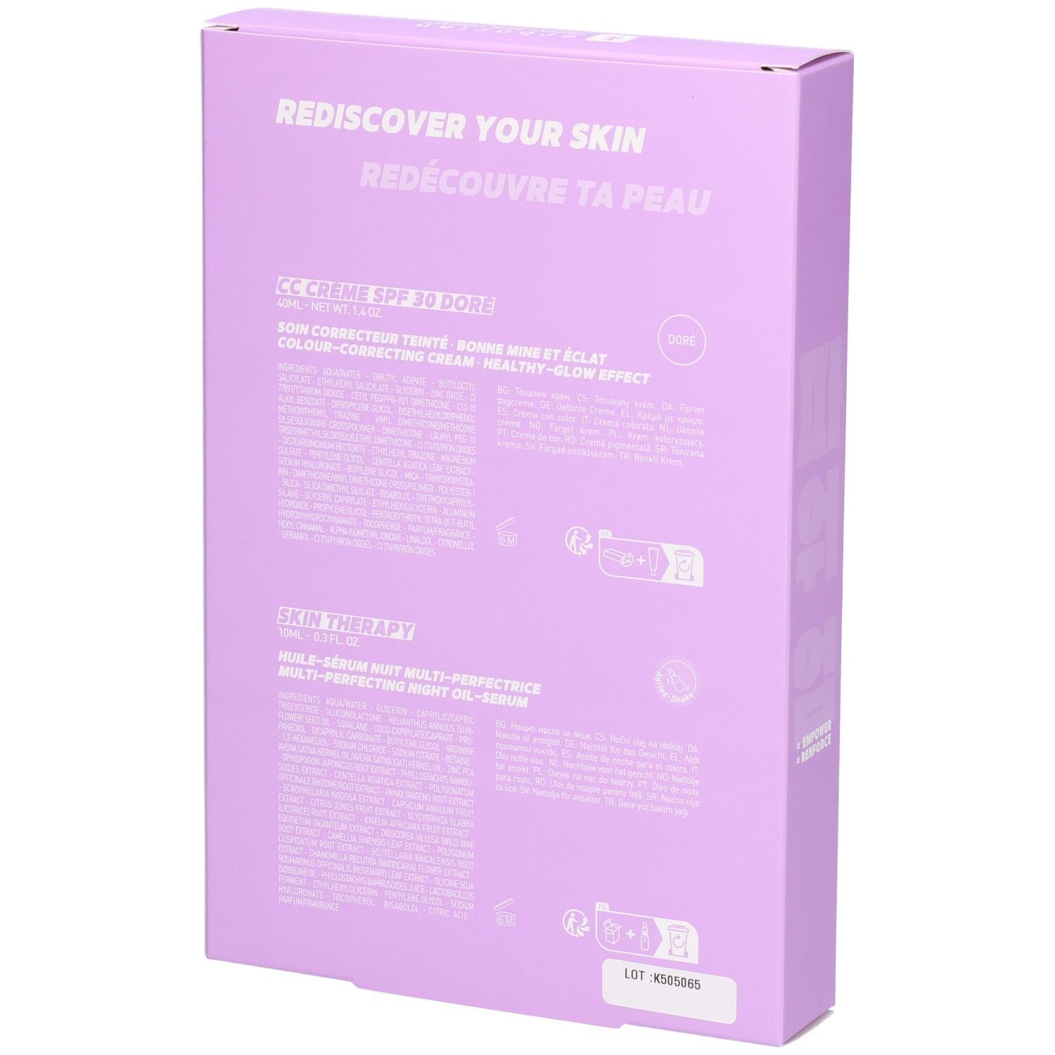 Rückseite der Erborian CC Creme und Skin Therapy Set Verpackung mit Produktinformationen.