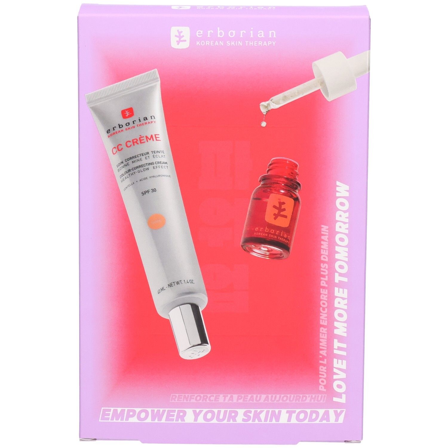 Erborian CC Creme und Skin Therapy Set in lilafarbener Verpackung, Nahaufnahme.