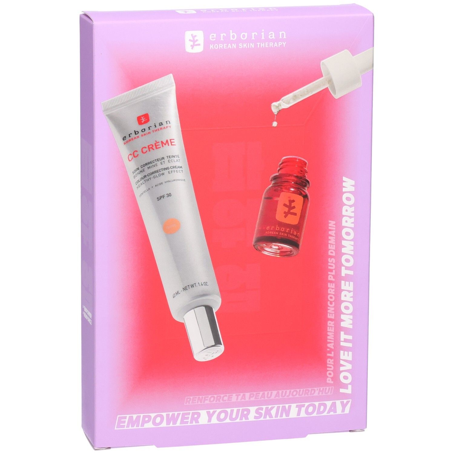 Erborian CC Creme und Skin Therapy Set in lilafarbener Verpackung, Nahaufnahme.