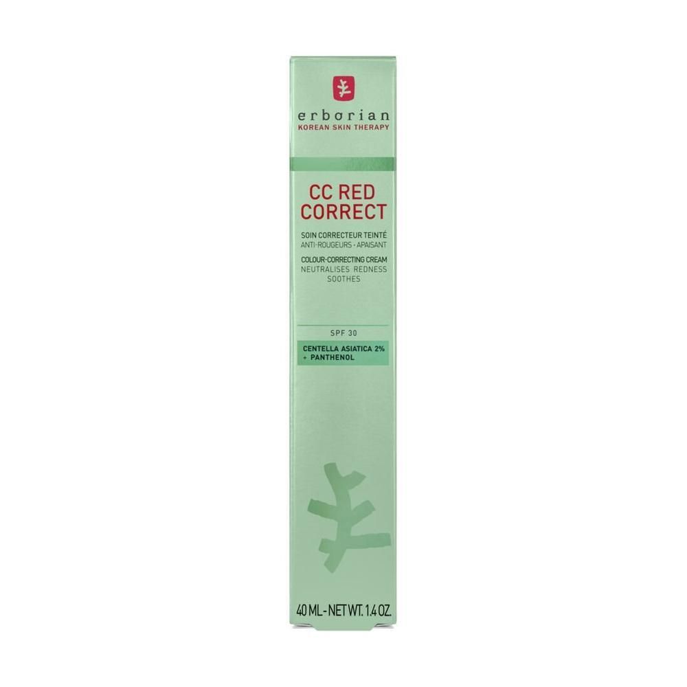 Erborian CC Red Correct Verpackung, hellgrün, mit Produktnamen und SPF 30.