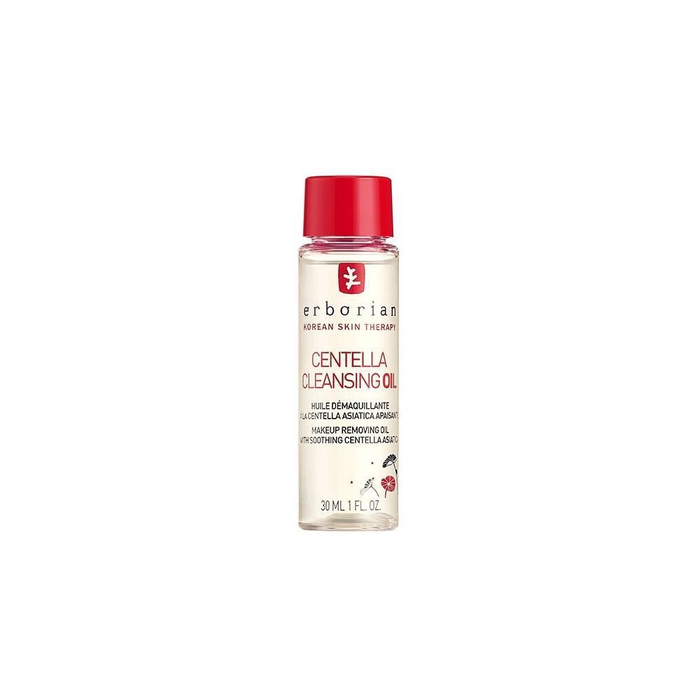 Erborian Centella Reinigungsöl: Klare Flüssigkeit in transparenter Flasche mit rotem Deckel. 30 ml.