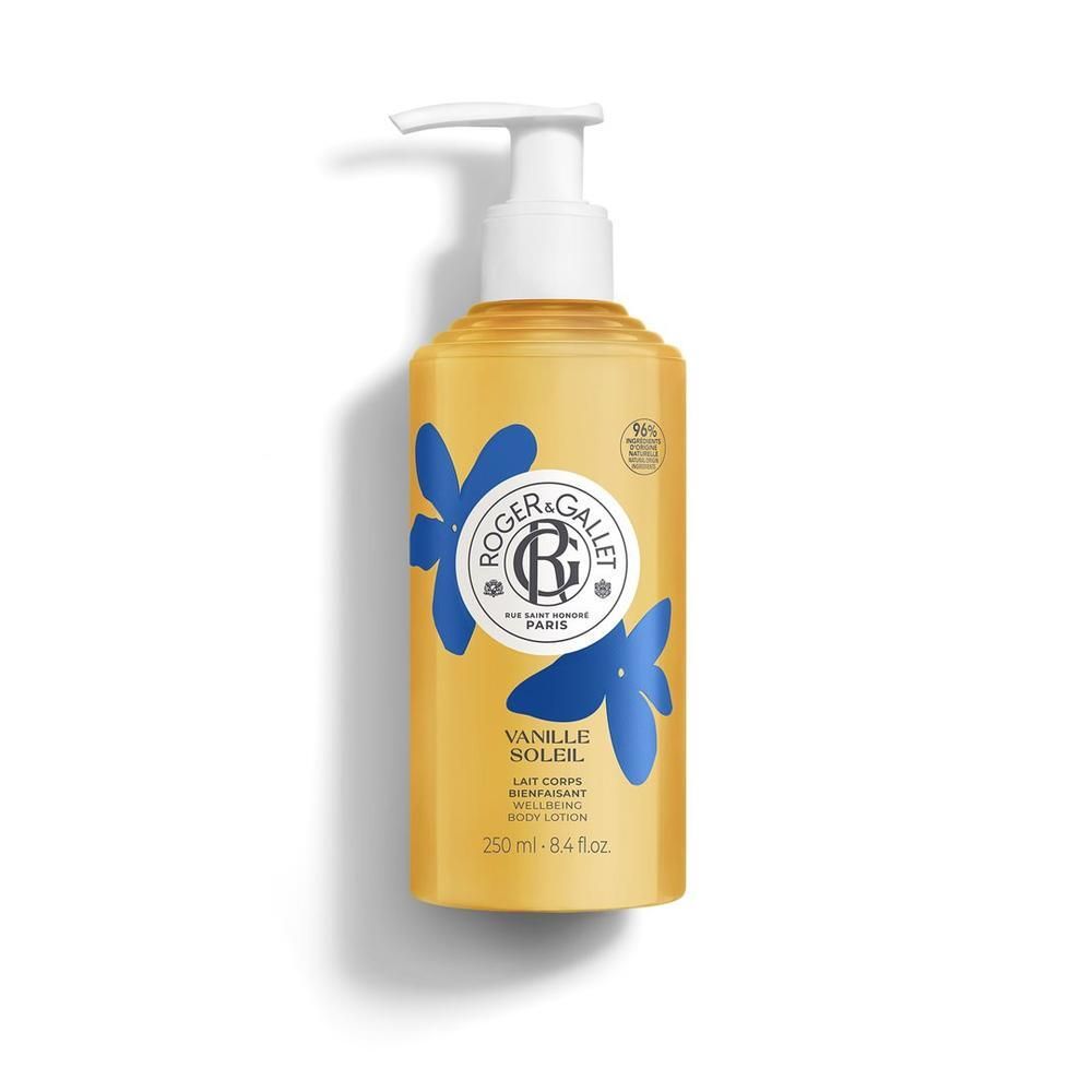 ROGER & GALLET Vanille Soleil Körperlotion in gelber Flasche mit blauem Blumendekor und Pumpspender.