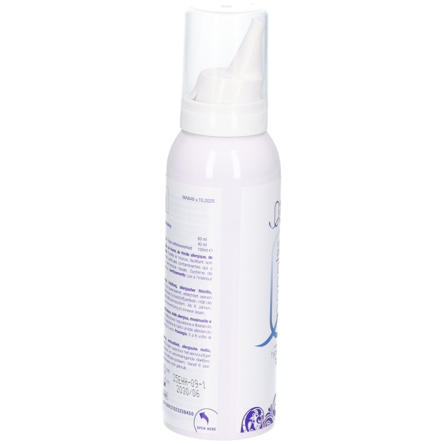 Rückseite einer Quinton Hypertonischen Nasenspray-Flasche mit Produktinformationen.
