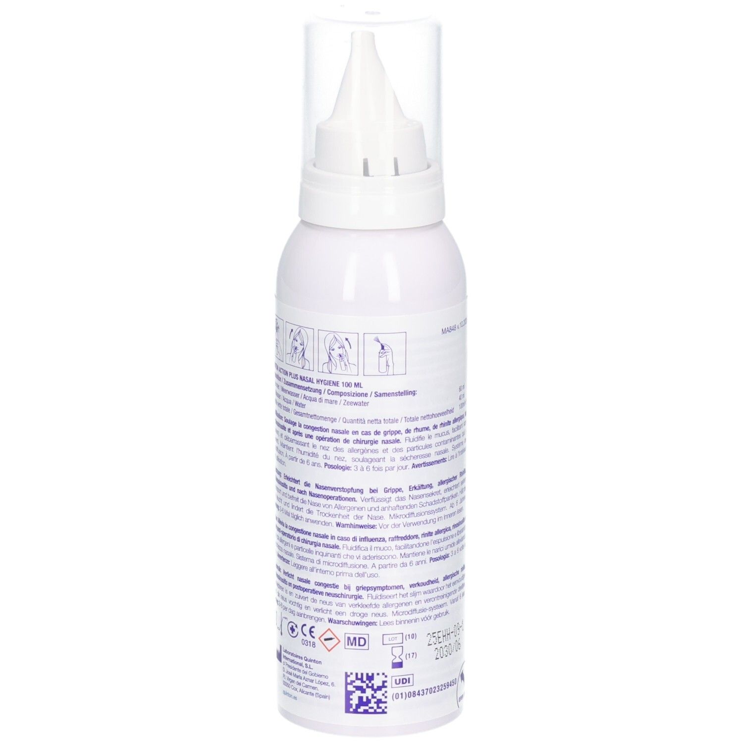 Rückseite einer Quinton Hypertonischen Nasenspray-Flasche mit Anwendungshinweisen.