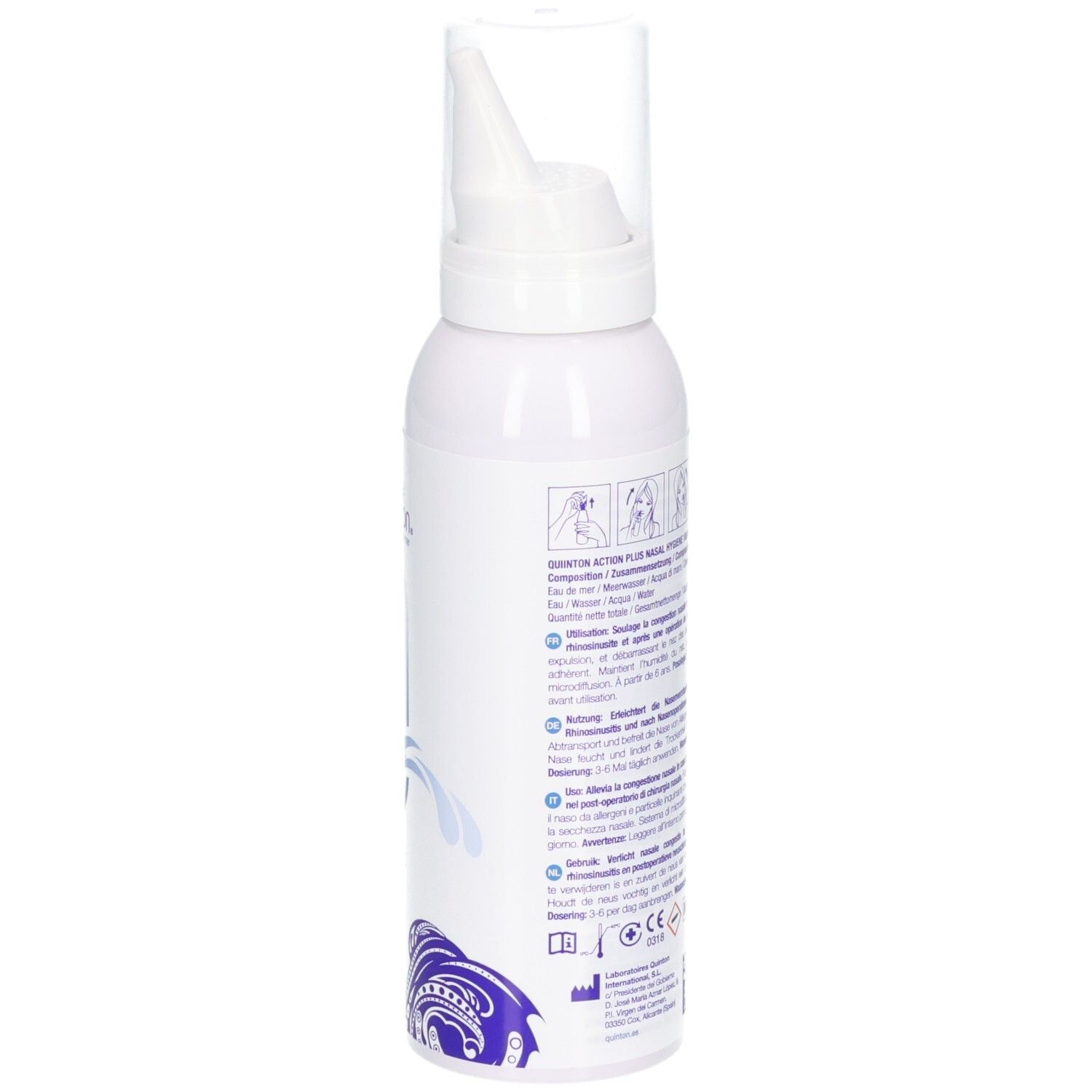 Seitenansicht einer Quinton Hypertonischen Nasenspray-Flasche mit Anwendungshinweisen.