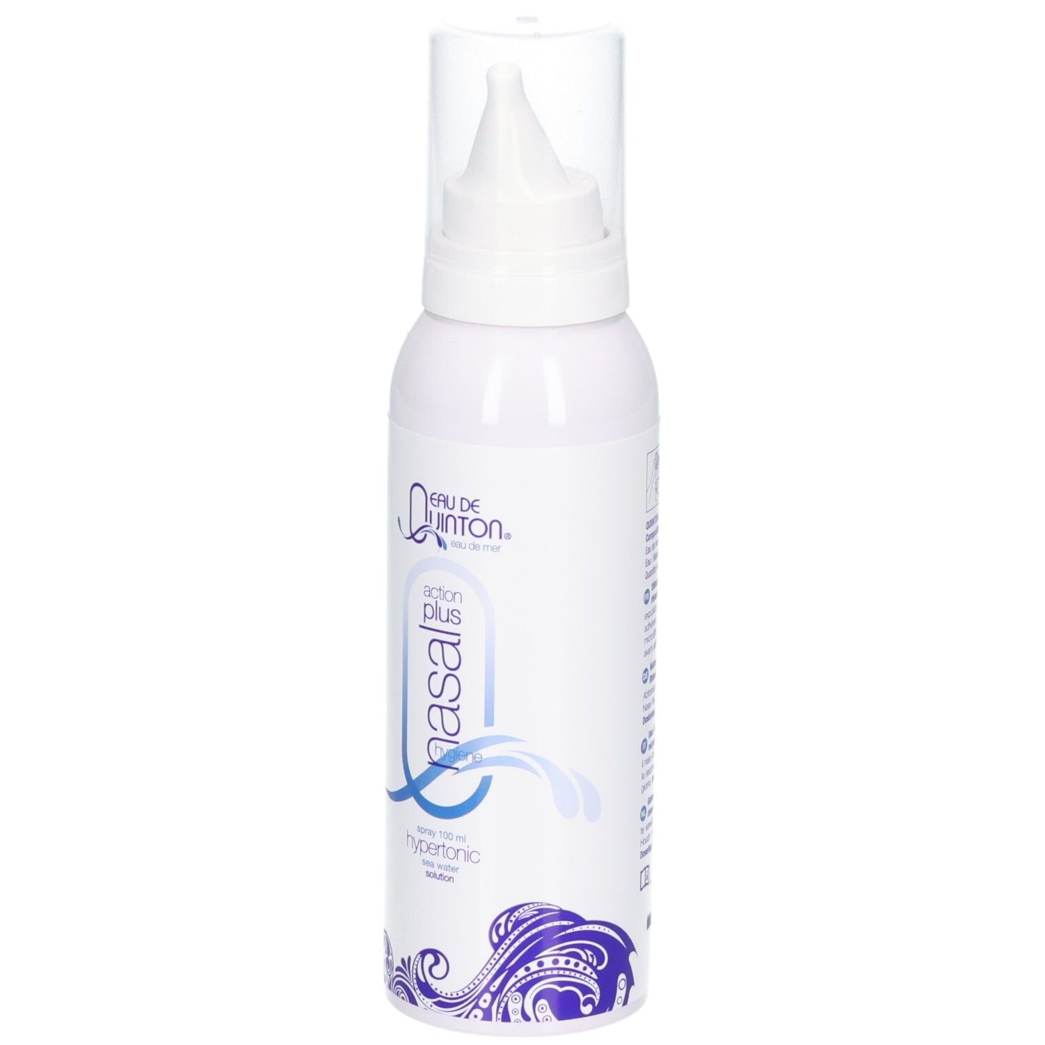 Quinton Hypertonische Nasenspray-Flasche, Vorderansicht mit Applikator und Verschluss.