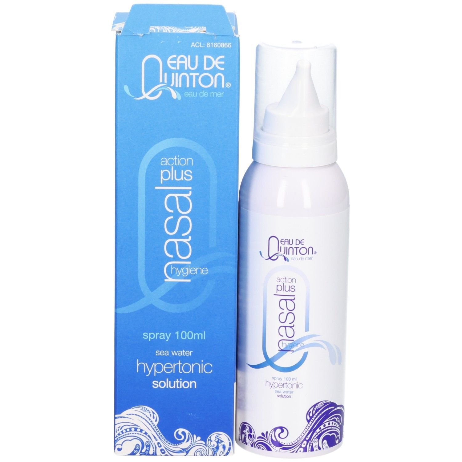 Quinton Hypertonische Nasenspray-Flasche neben der Produktverpackung.