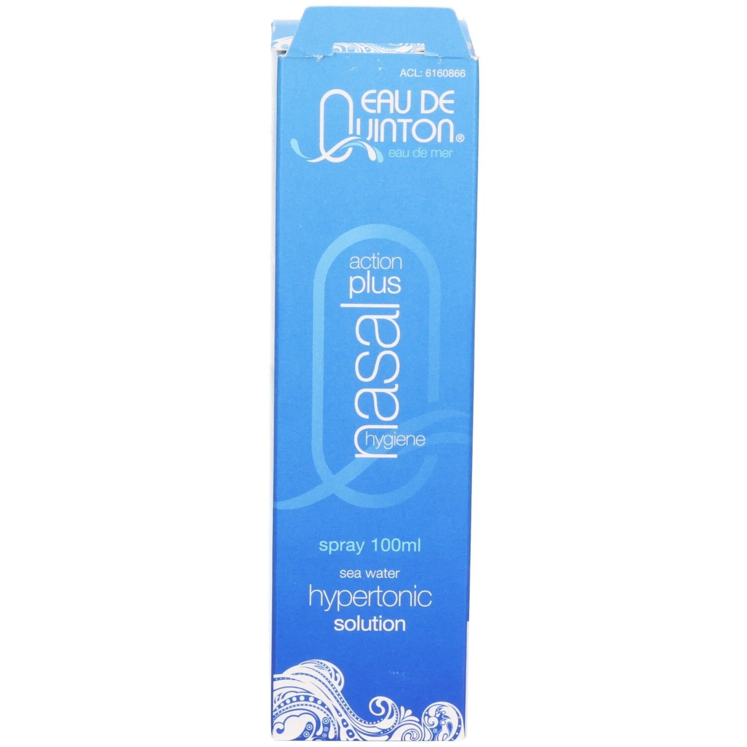 Quinton Hypertonische Nasenspray-Verpackung, blaue Box mit Produktinformationen.