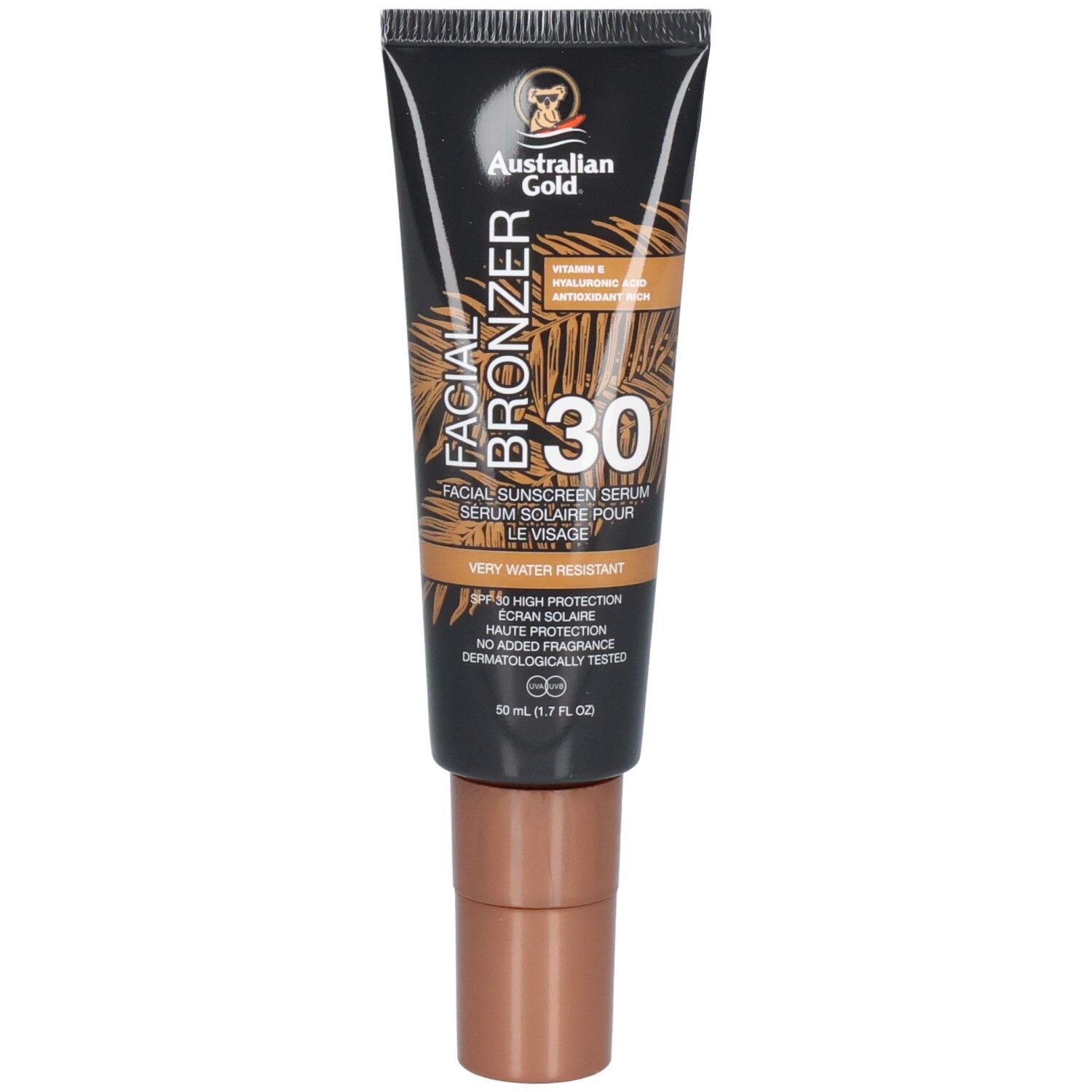 Tube de sérum bronzant pour le visage Australian Gold SPF 30, écran solaire.