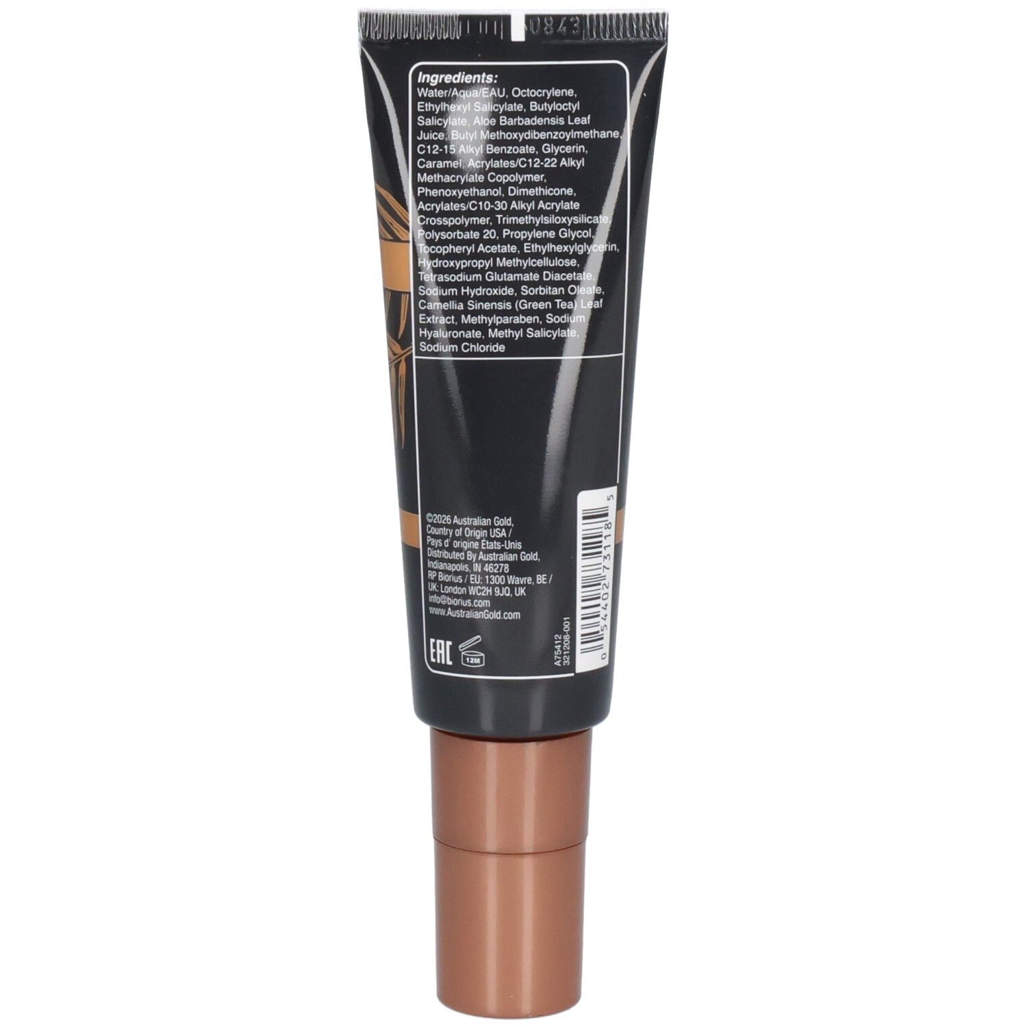 Arrière du tube Australian Gold Facial Bronzer SPF 30, liste des ingrédients.