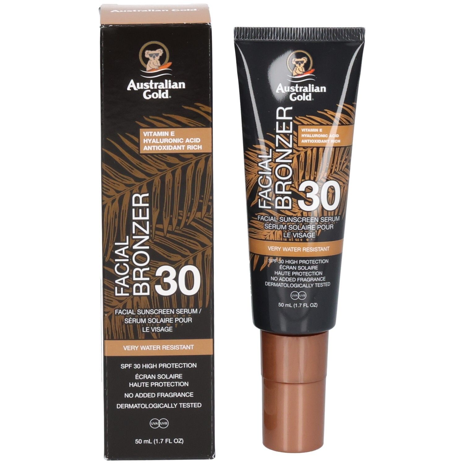 Emballage et tube de sérum bronzant pour le visage Australian Gold SPF 30.