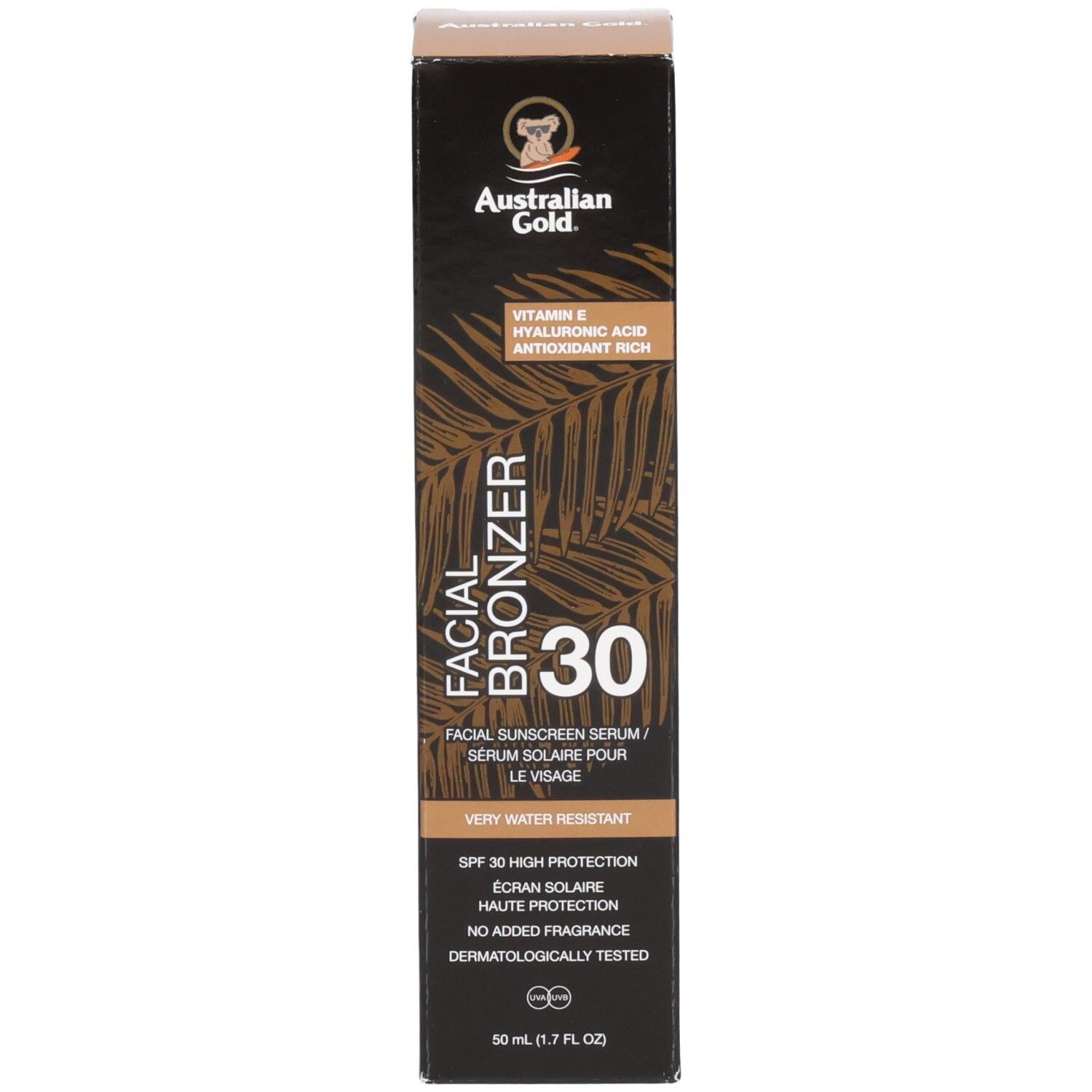 Avant de l'emballage du sérum bronzant pour le visage Australian Gold SPF 30.