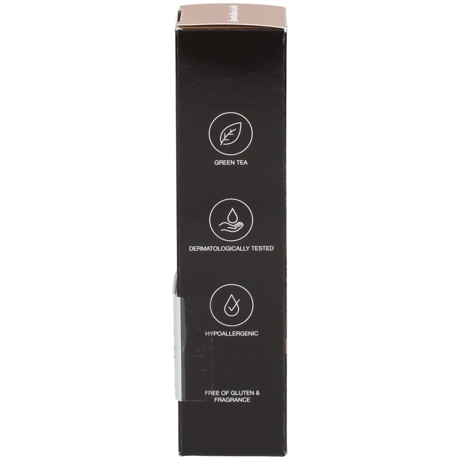 Côté de l'emballage du sérum bronzant pour le visage Australian Gold SPF 30 avec symboles.