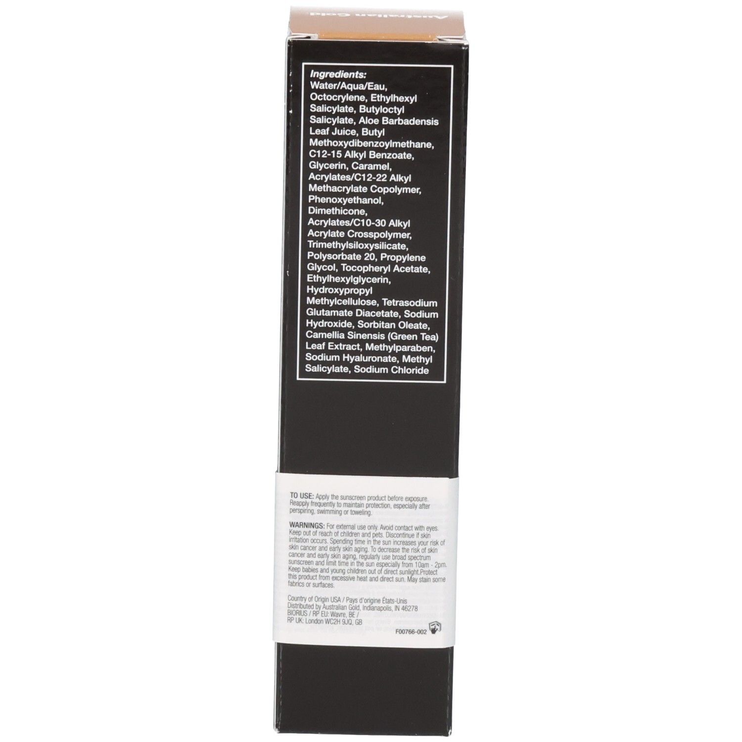 Côté de l'emballage du sérum bronzant pour le visage Australian Gold SPF 30 avec liste d'ingrédients.