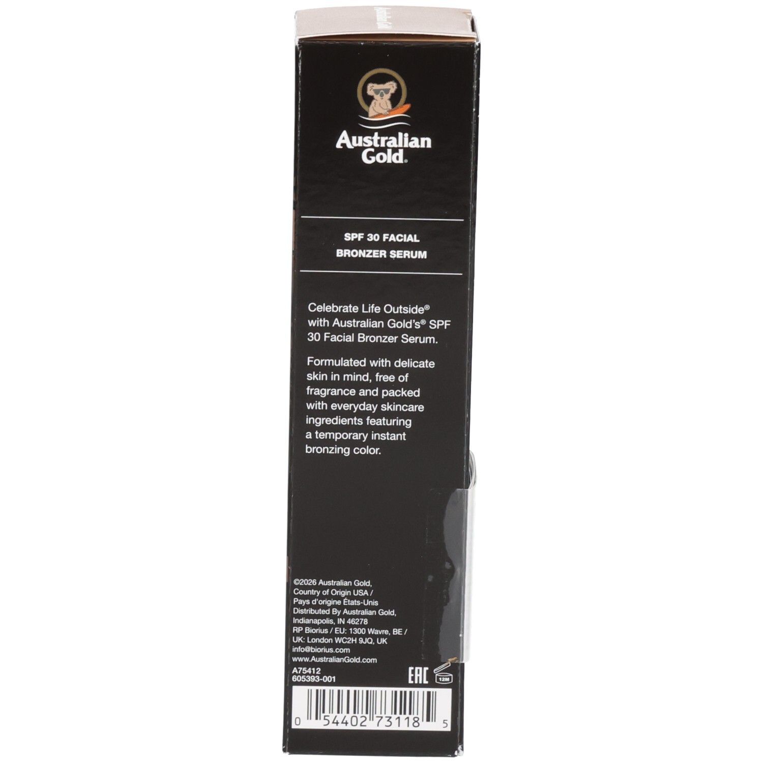 Arrière de l'emballage du sérum bronzant pour le visage Australian Gold SPF 30 avec description.