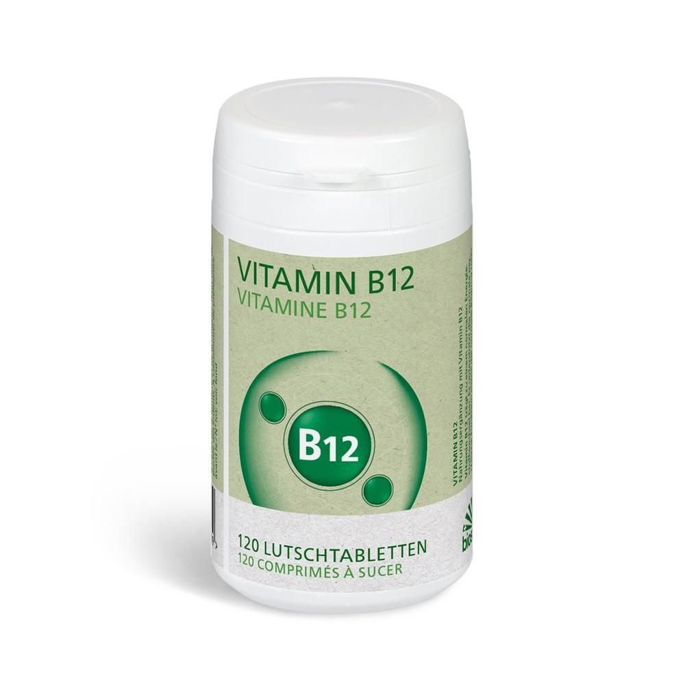 Weiße Dose mit Vitamin B12 Lutschtabletten, 120 Stück.