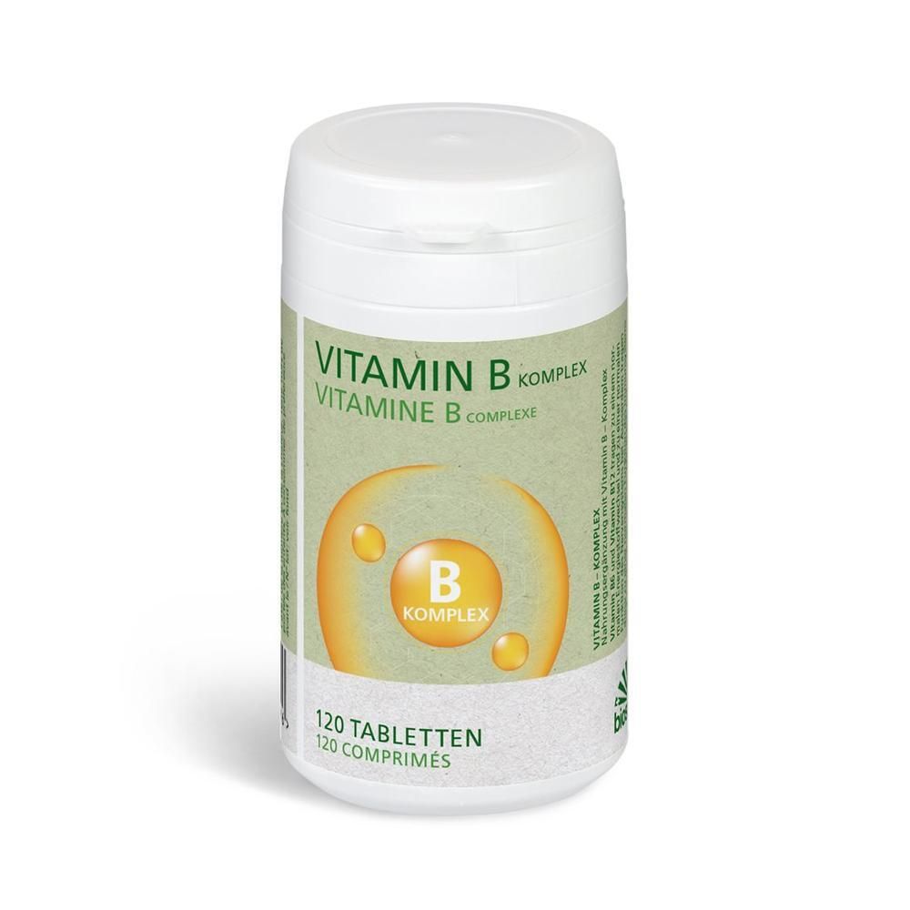 Weiße Dose mit Vitamin B Komplex Tabletten, 120 Stück.