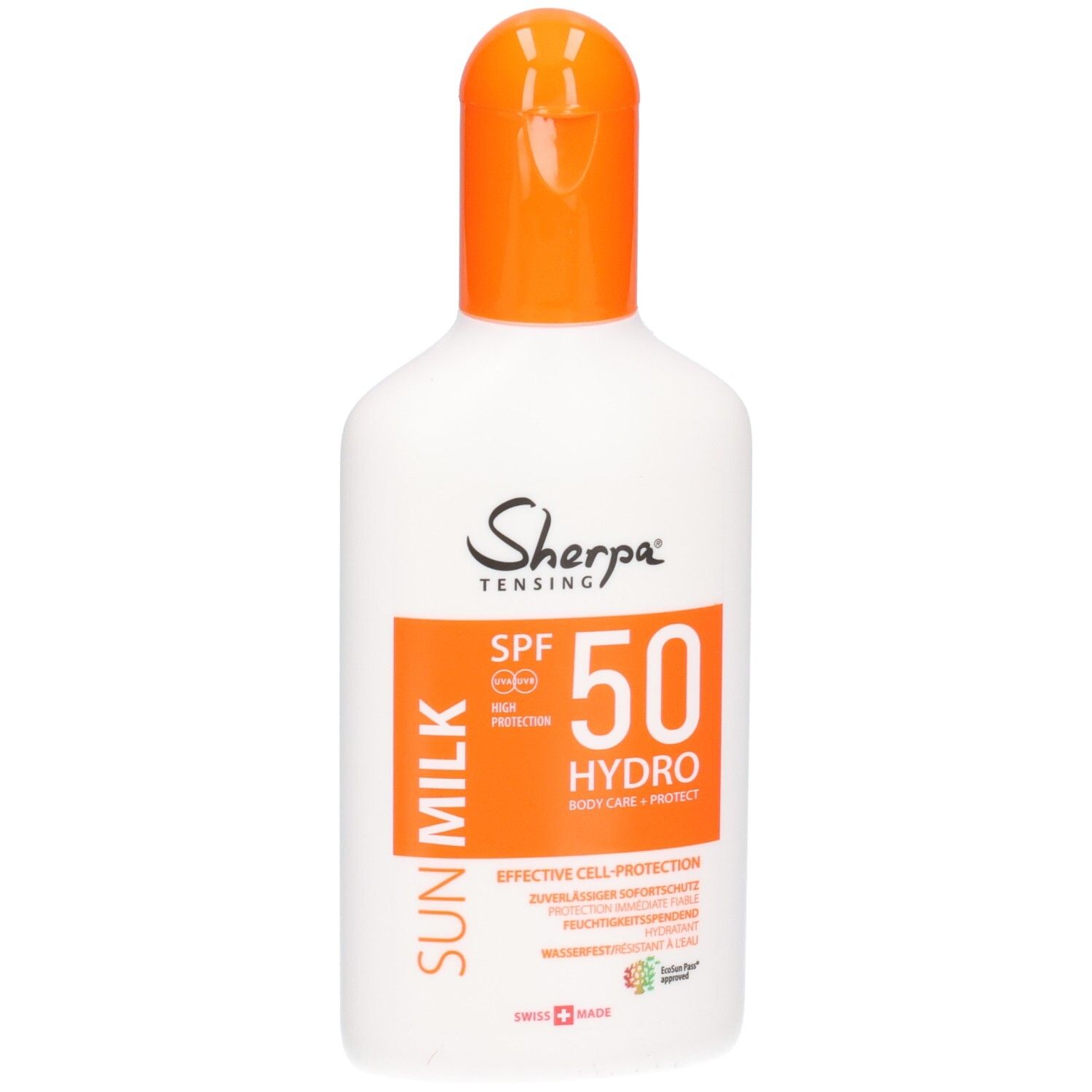 SHERPA TENSING Sonnenmilch SPF 50, weiße Flasche mit orangefarbenem Klappverschluss.