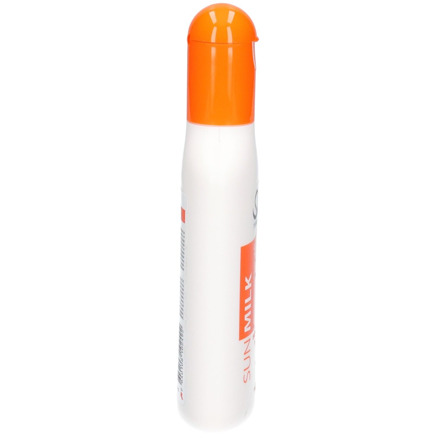 SHERPA TENSING Sonnenmilch SPF 50, Seitenansicht einer weißen Flasche mit orangefarbenem Klappverschluss.