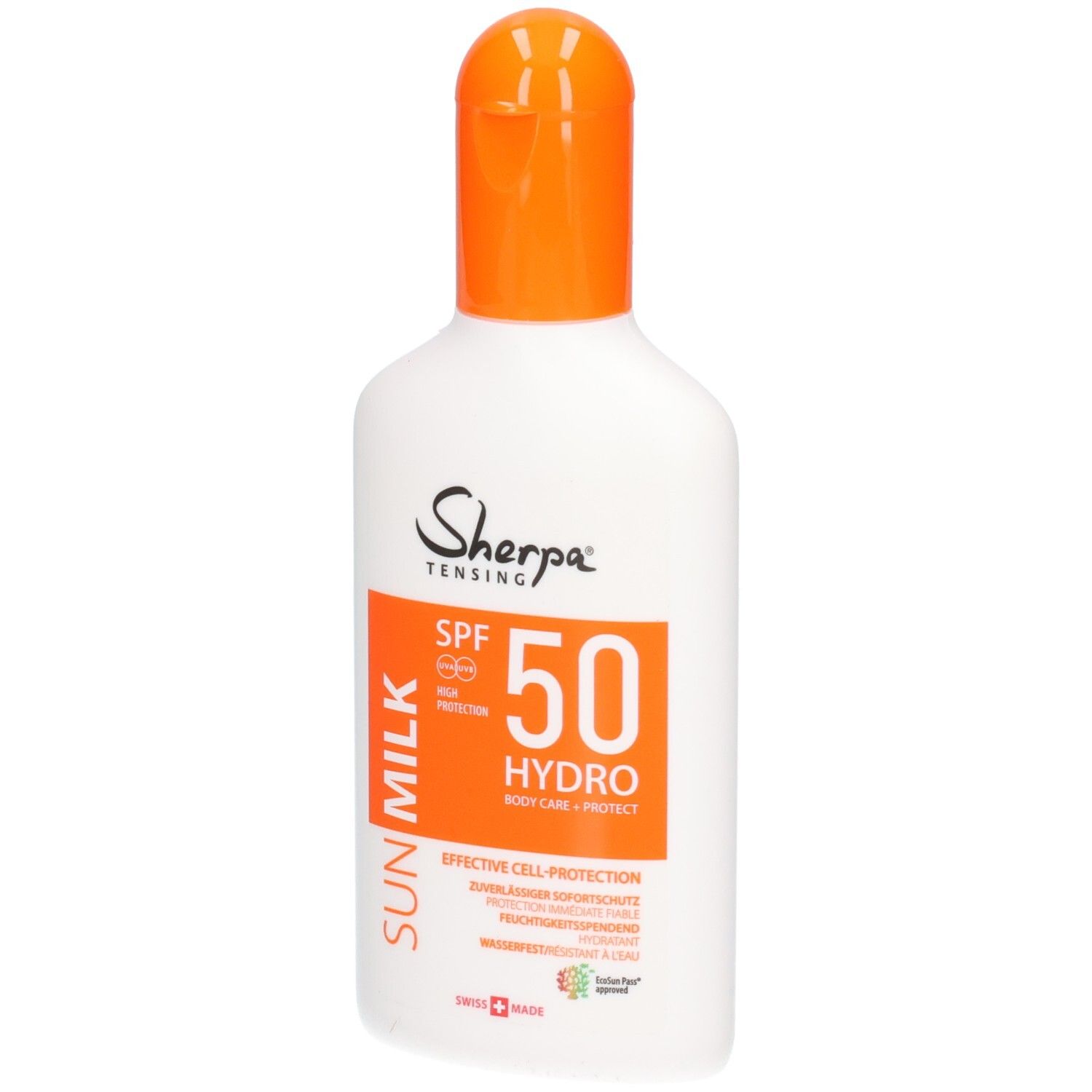 SHERPA TENSING Sonnenmilch SPF 50, weiße Flasche mit orangefarbenem Klappverschluss.