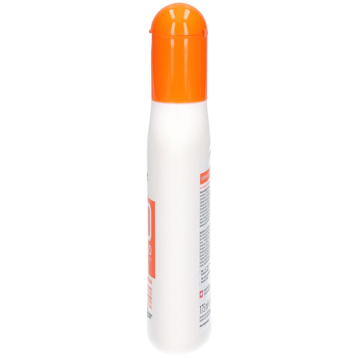 SHERPA TENSING Sonnenmilch SPF 50, Seitenansicht einer weißen Flasche mit orangefarbenem Klappverschluss.