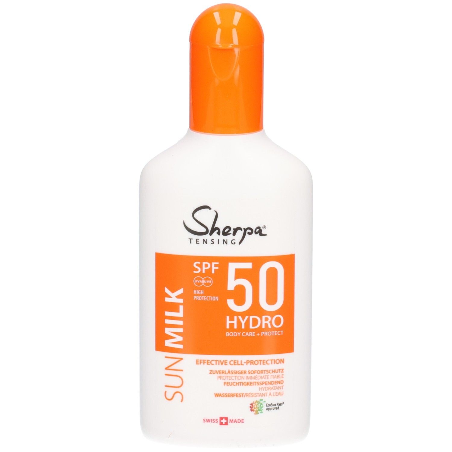 SHERPA TENSING Sonnenmilch SPF 50, weiße Flasche mit orangefarbenem Klappverschluss.