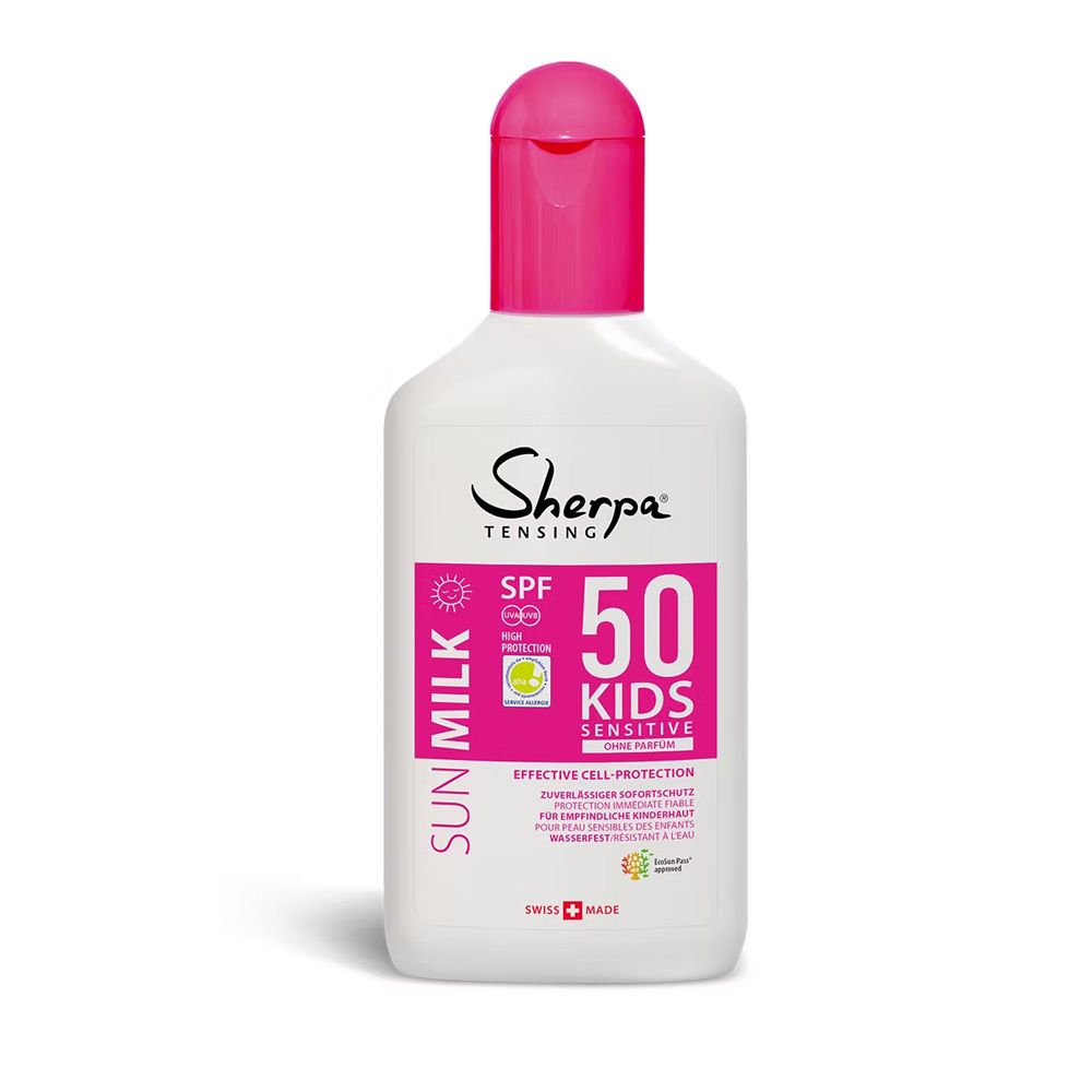 Sherpa Tensing Sonnenmilch Kids SPF 50, weiße Flasche mit pinkem Verschluss, Sonnenschutz für Kinder.