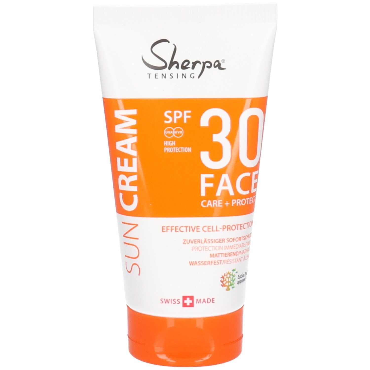 Sherpa Tensing Sonnencreme SPF 30, Tube mit orangefarbenem Verschluss. Sonnenschutz für das Gesicht.