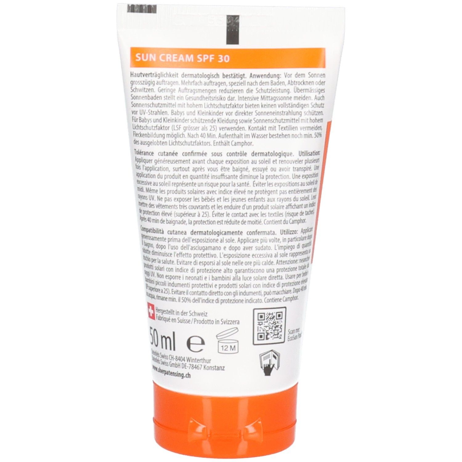 Rückseite der Sherpa Tensing Sonnencreme SPF 30 Tube mit Anwendungshinweisen und Inhaltsstoffen.