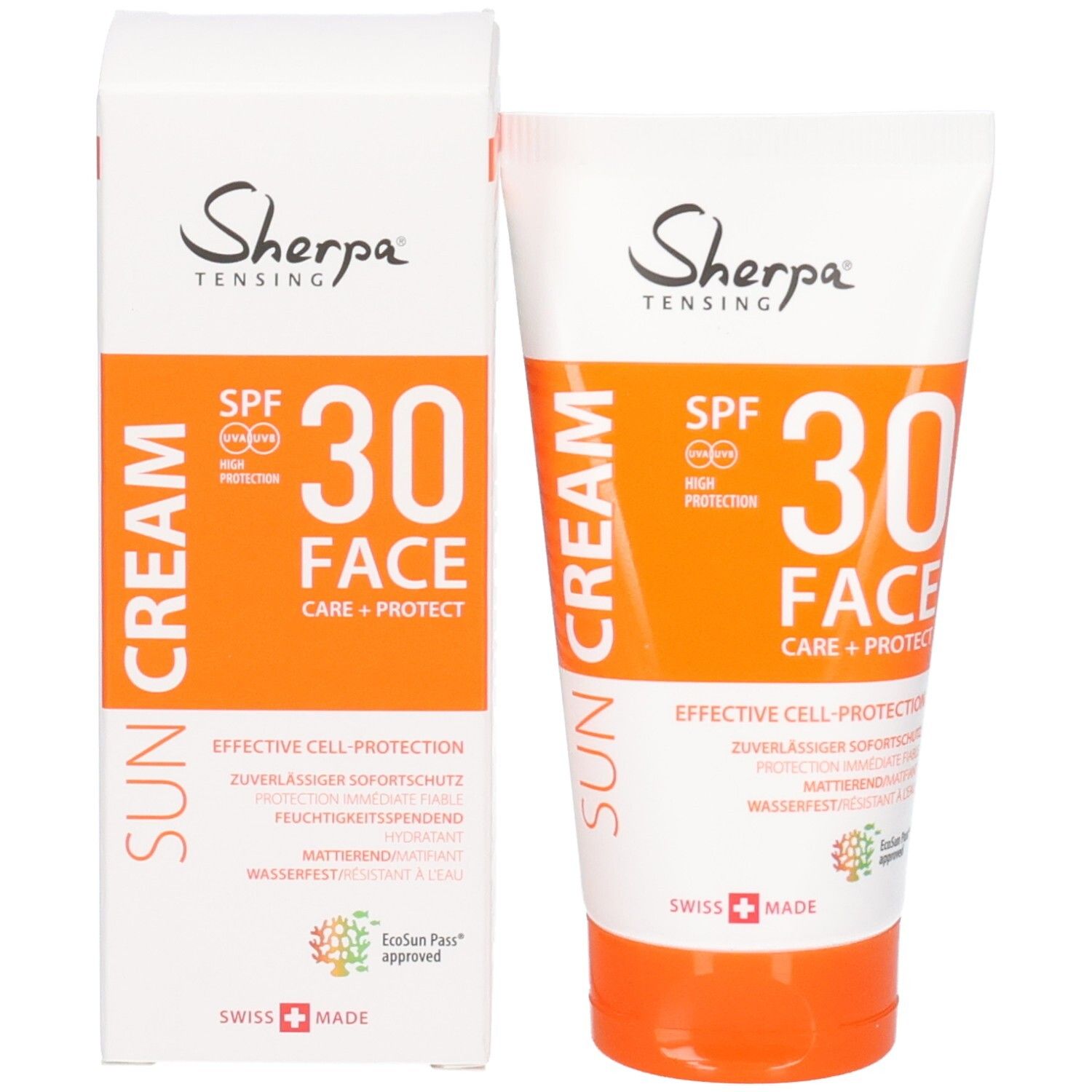 Sherpa Tensing Sonnencreme SPF 30 Tube und Faltschachtel. Sonnenschutz für das Gesicht.
