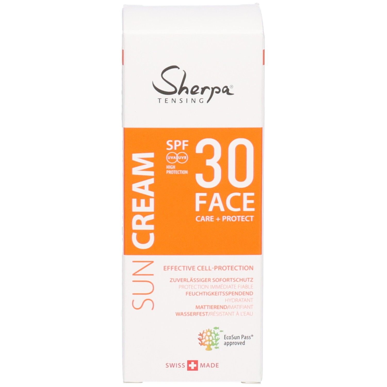 Faltschachtel für Sherpa Tensing Sonnencreme SPF 30. Vorderseite mit Produktinformationen.