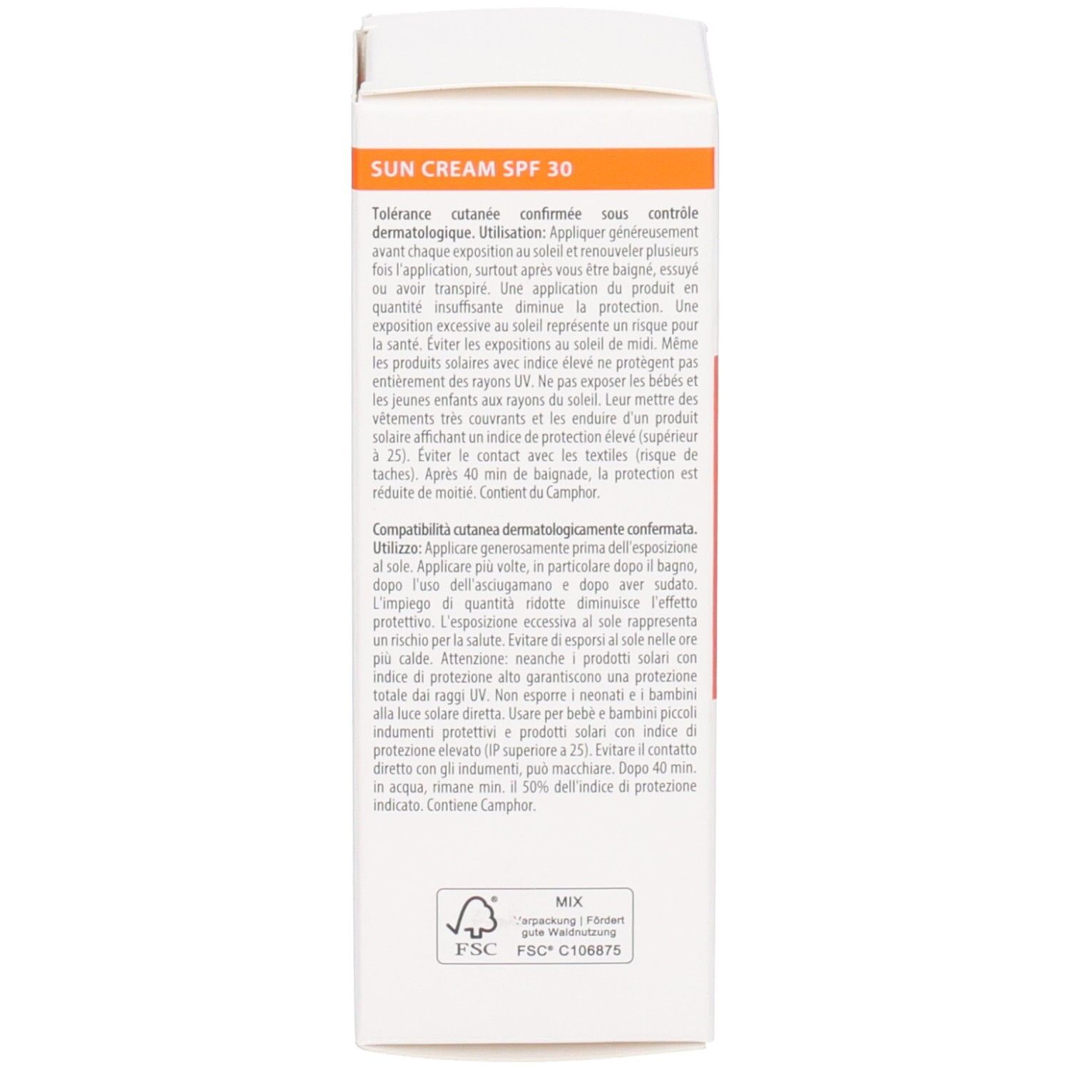 Seite der Faltschachtel für Sherpa Tensing Sonnencreme SPF 30 mit Anwendungshinweisen.