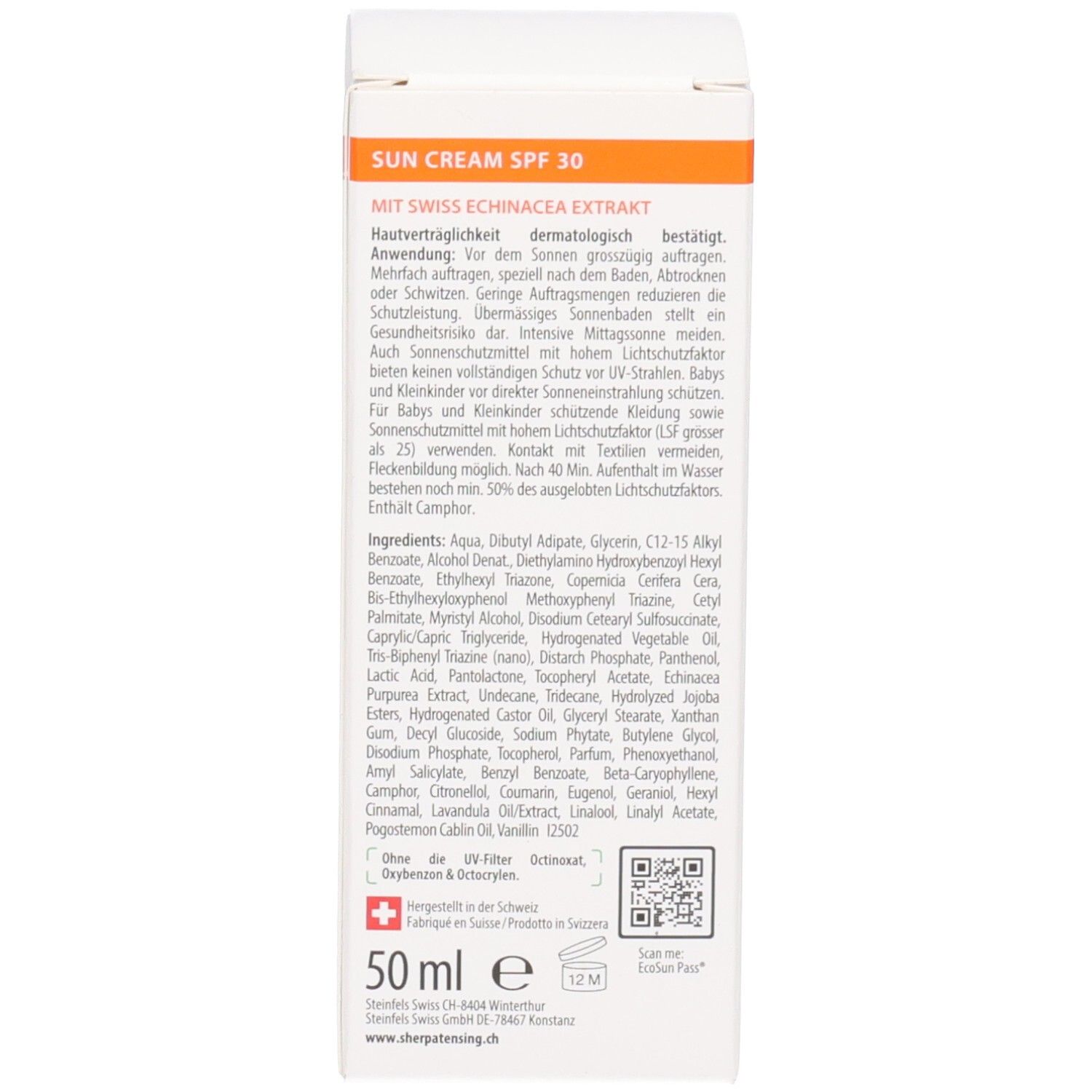 Seite der Faltschachtel für Sherpa Tensing Sonnencreme SPF 30 mit Inhaltsstoffen und Zertifizierungen.