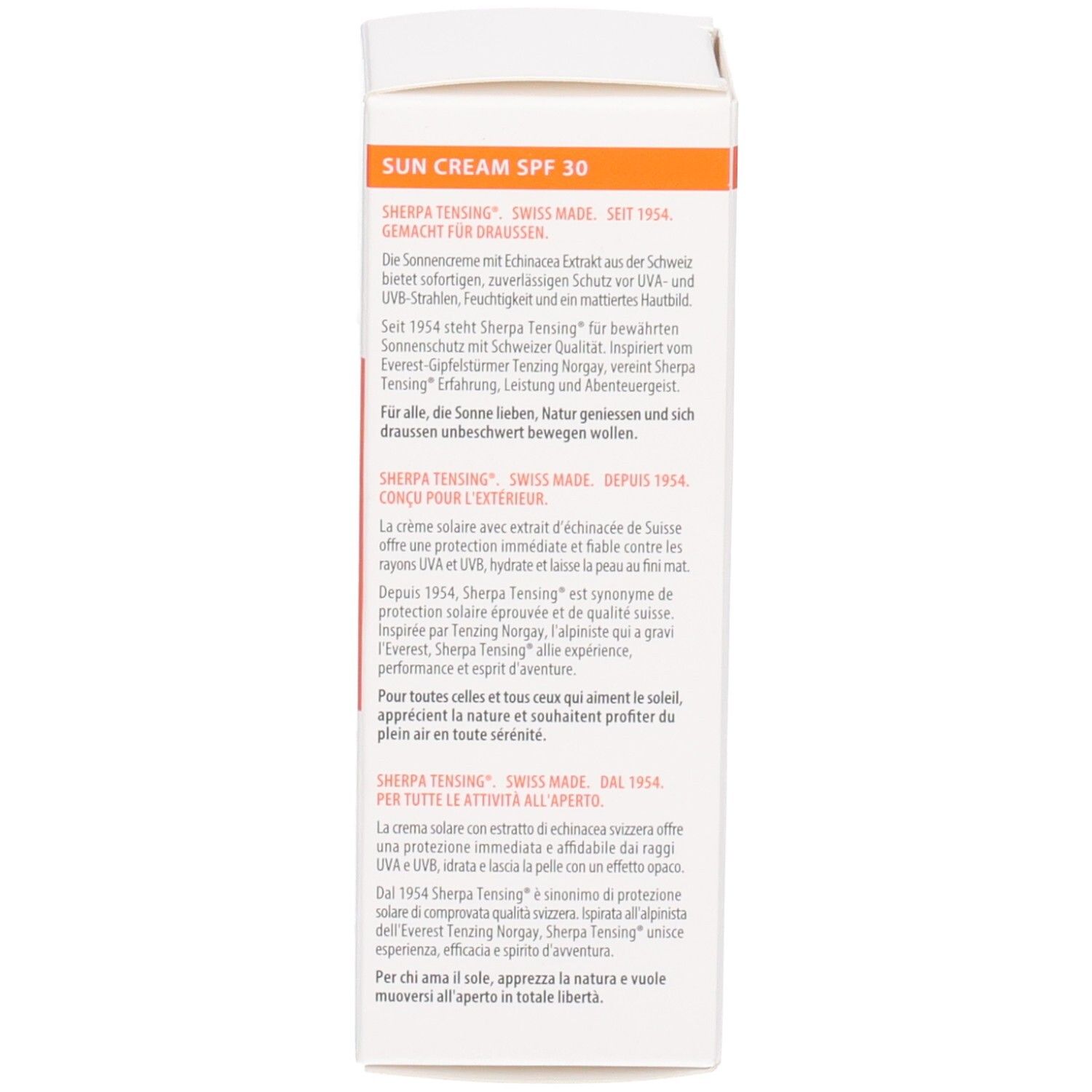 Rückseite der Faltschachtel für Sherpa Tensing Sonnencreme SPF 30 mit Produktinformationen und Herkunft.
