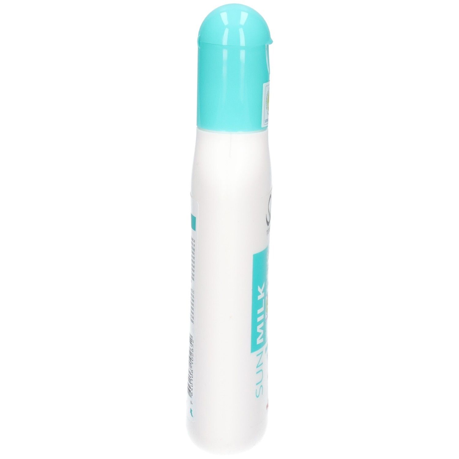 Seitenansicht einer weißen Flasche Sherpa Tensing Sonnenmilch Sensitive LSF 50 mit türkisfarbenem Verschluss.