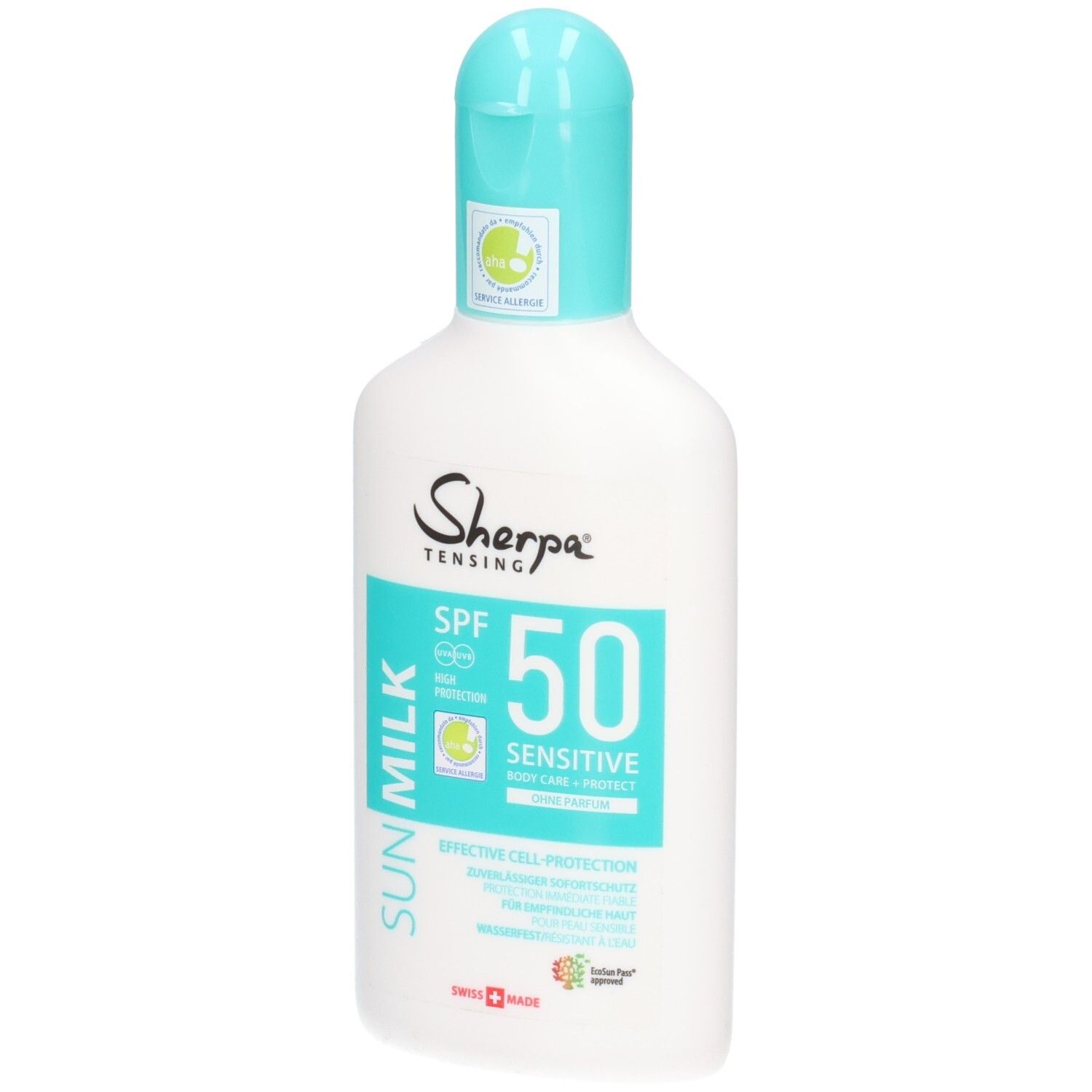 Weiße Flasche Sherpa Tensing Sonnenmilch Sensitive LSF 50 mit türkisfarbenem Verschluss. Text auf dem Etikett.