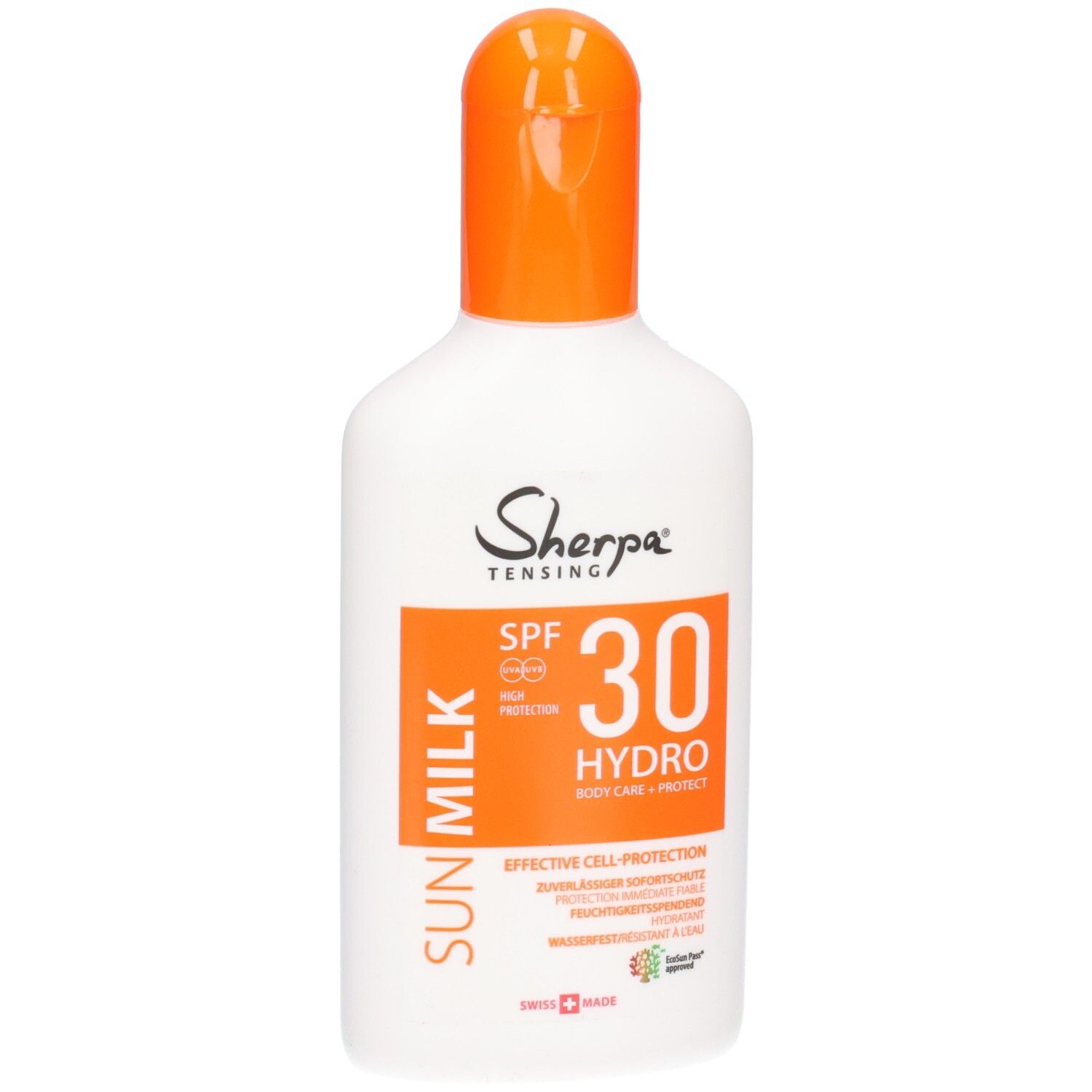 Sherpa Tensing Sonnenmilch LSF 30, weiße Flasche mit orangefarbenem Klappverschluss.