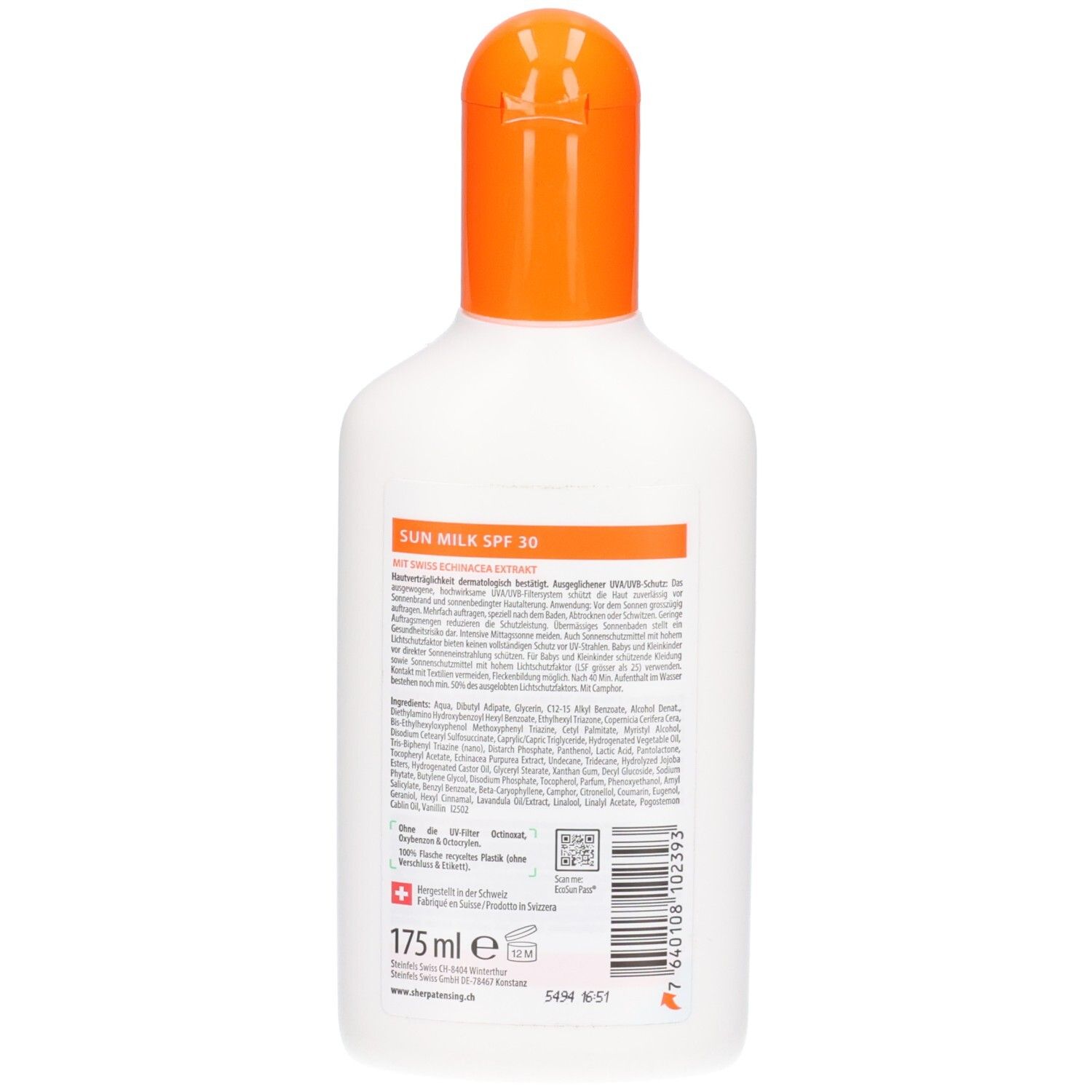 Rückseite der Sherpa Tensing Sonnenmilch LSF 30 Flasche mit Produktinformationen und 175ml Angabe.