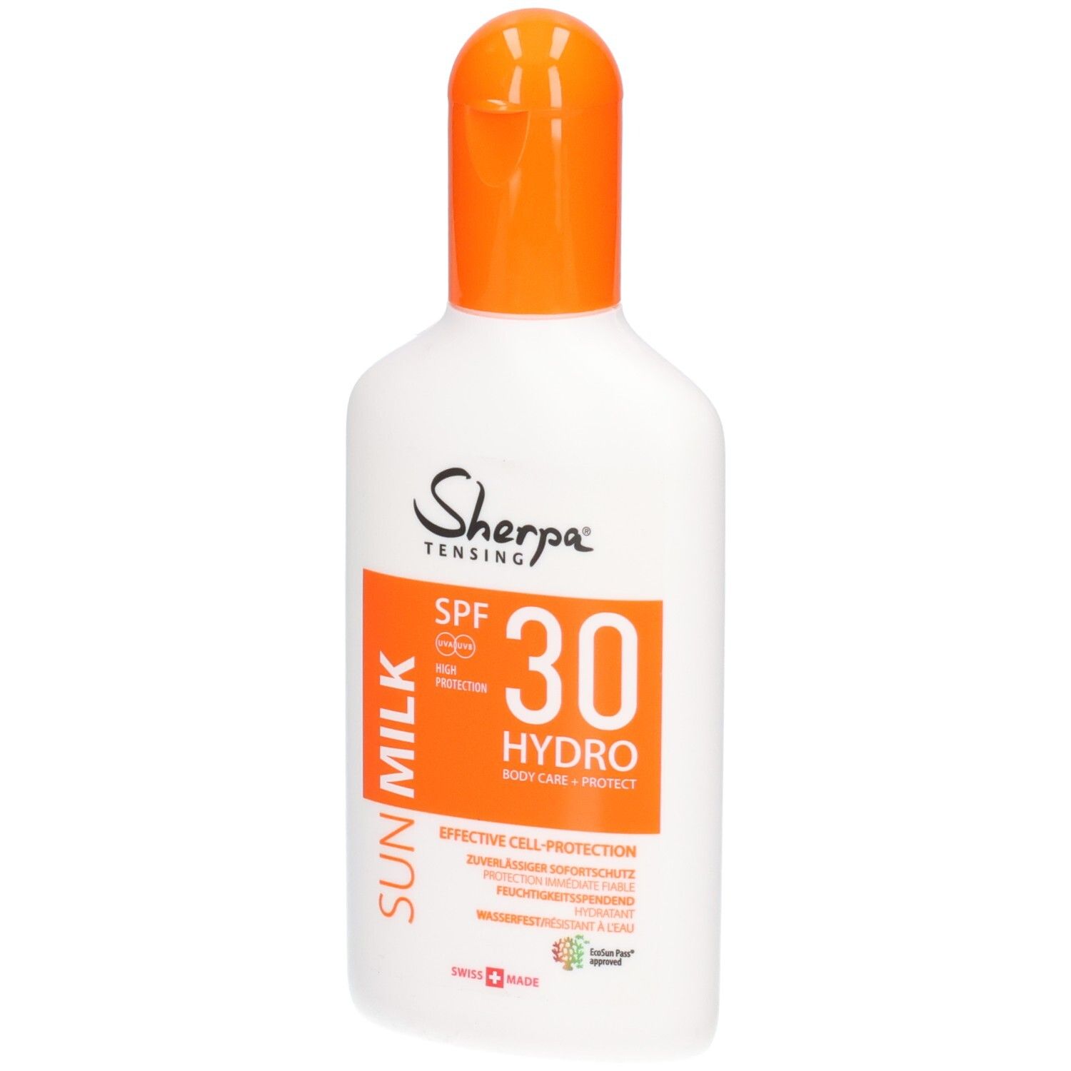 Sherpa Tensing Sonnenmilch LSF 30, weiße Flasche mit orangefarbenem Klappverschluss.
