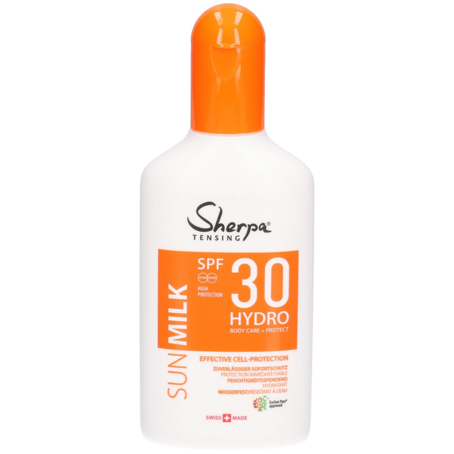 Sherpa Tensing Sonnenmilch LSF 30, weiße Flasche mit orangefarbenem Klappverschluss.