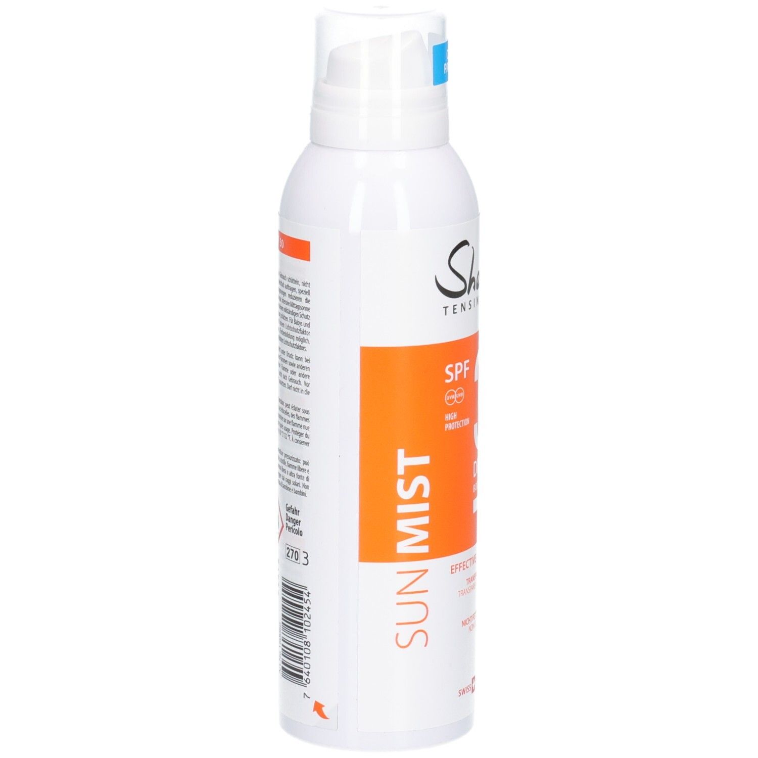 Rückseite Sherpa Tensing Sonnenspray LSF 30. Enthält Anwendungshinweise und Inhaltsstoffe.