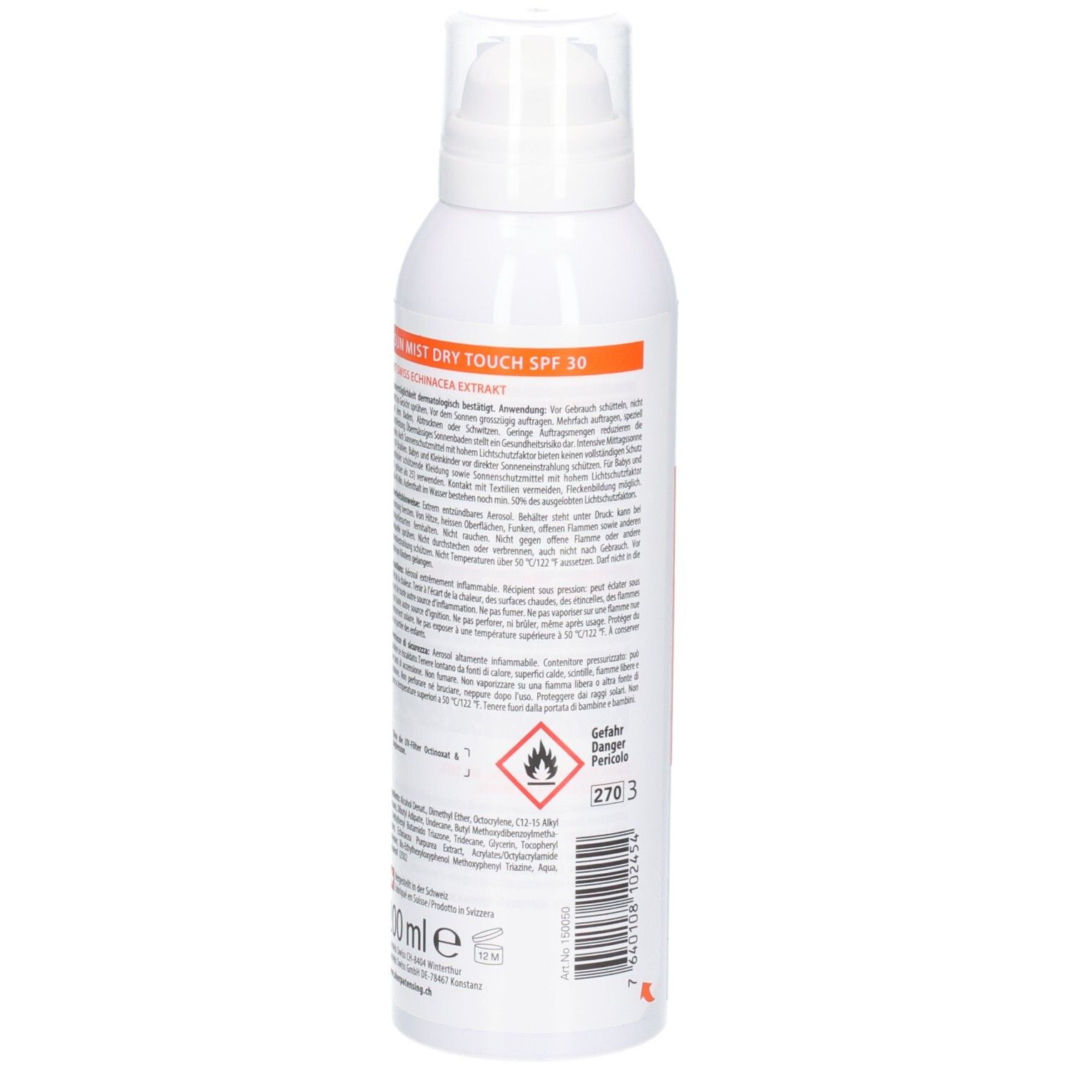 Rückseite Sherpa Tensing Sonnenspray LSF 30. Mit Warnhinweisen und 200ml Füllmenge.