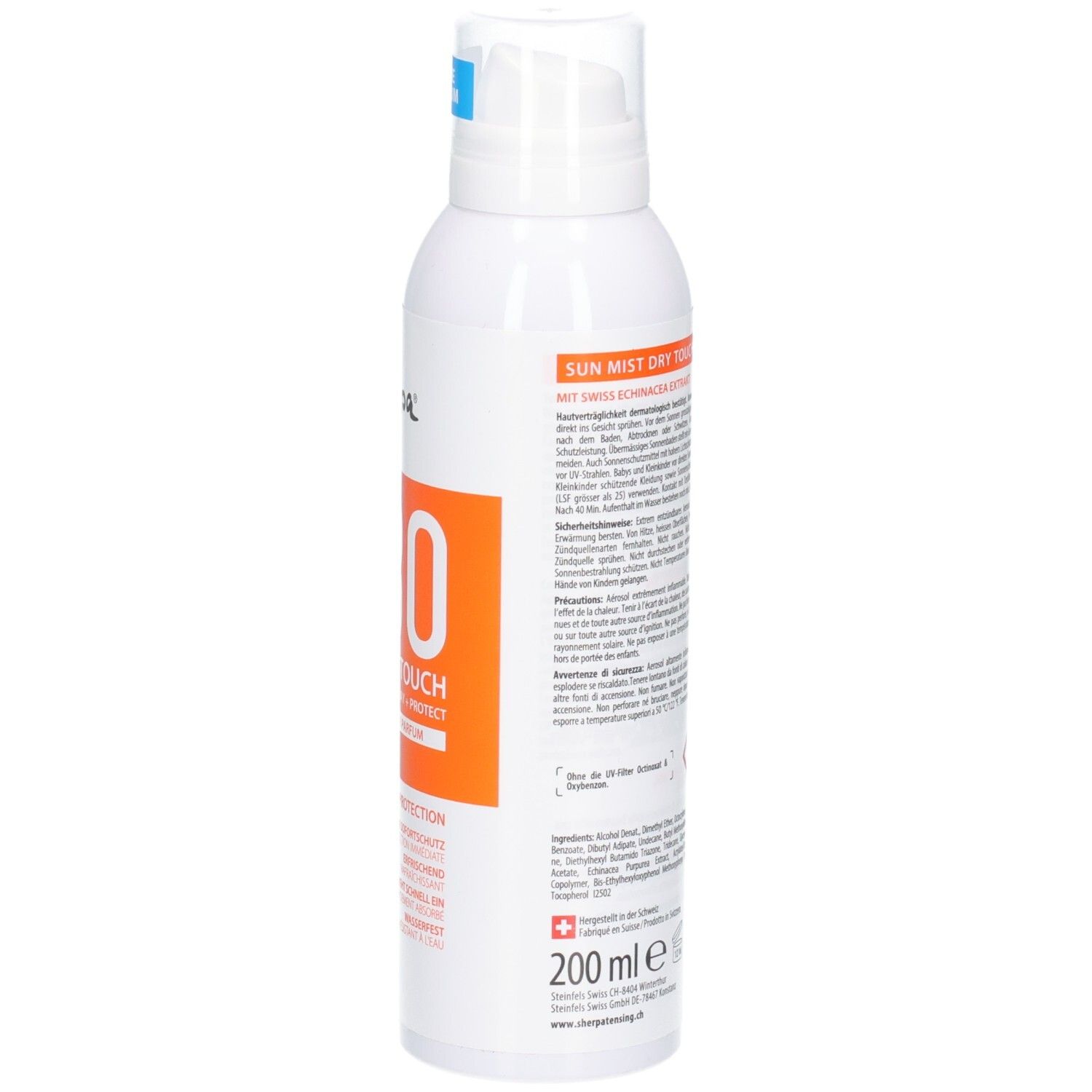 Seite Sherpa Tensing Sonnenspray LSF 30. Mit Anwendungshinweisen und 200ml Füllmenge.