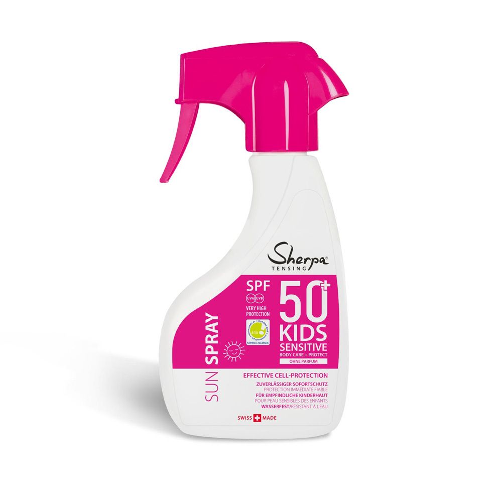 SHERPA TENSING Sonnenspray Sensitive SPF 50+ für Kinder, Sprühflasche mit pinkem Sprühkopf.