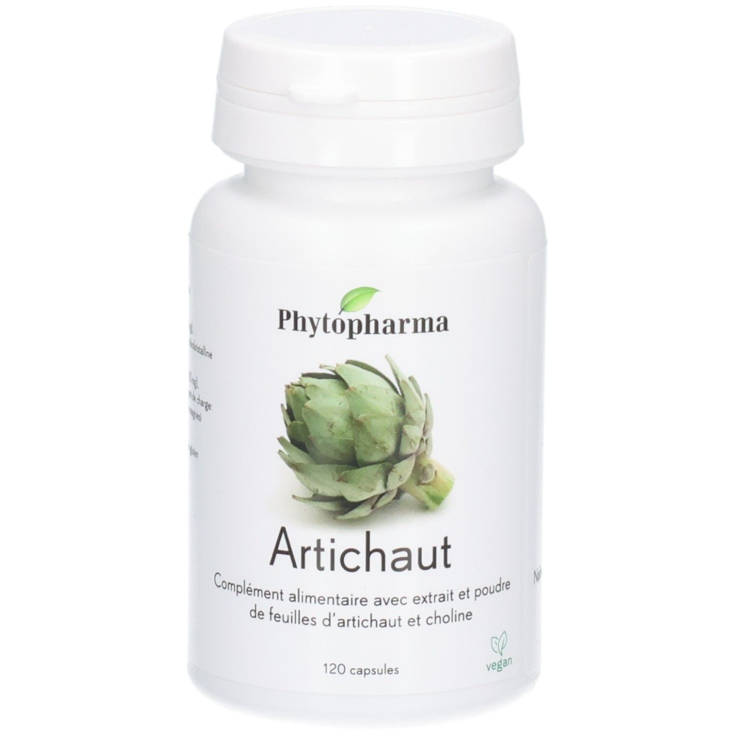 Phytopharma Artischocke Kapseln: Weiße Flasche mit Artischocken-Abbildung und Text.
