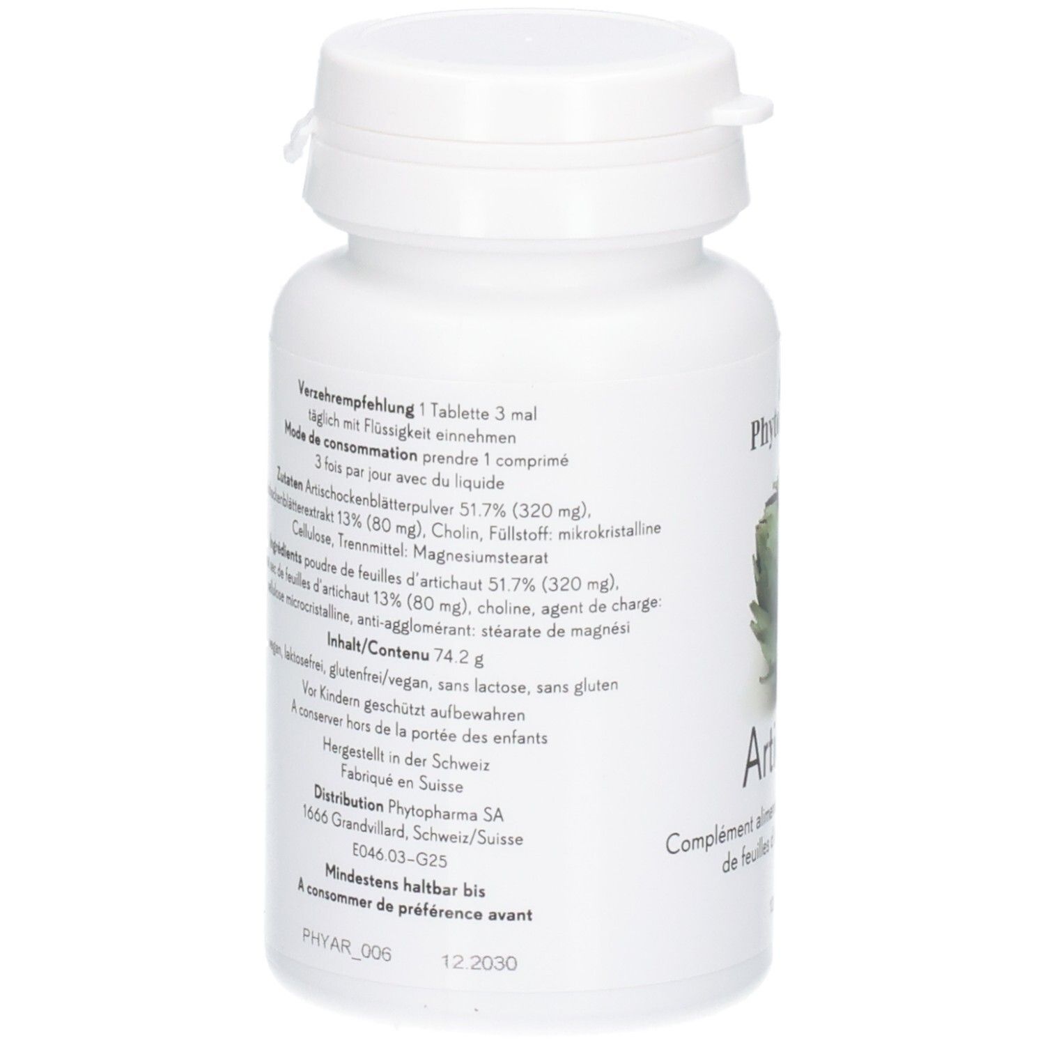 Rückseite der Phytopharma Artischocke Kapsel-Flasche mit detaillierten Informationen.