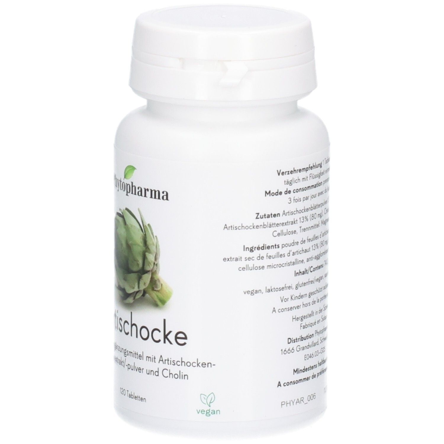 Phytopharma Artischocke Kapseln: Flasche mit Artischocken-Abbildung, Text und veganem Siegel.
