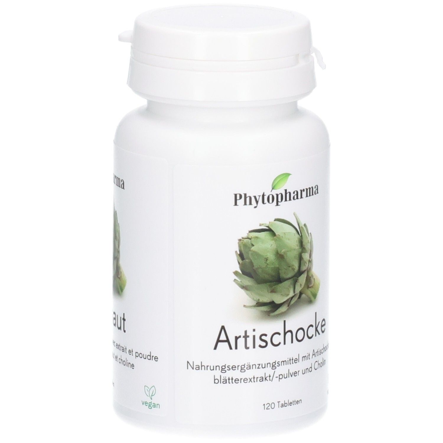 Phytopharma Artischocke Tabletten: Weiße Flasche mit Artischocken-Abbildung und Text.